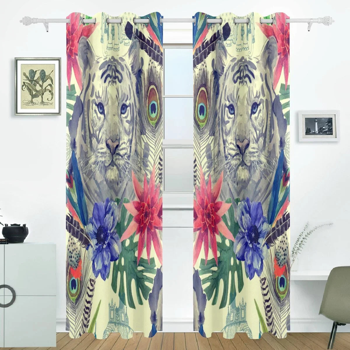POPCreation Vintage Indian Sizetyle Tiger Head Pattern With Feather Window Curtain Blackout Curtains Darkening Thermal Blind Curtain for Bedroom Living Room,2 Panel (52Wx84L Inches)