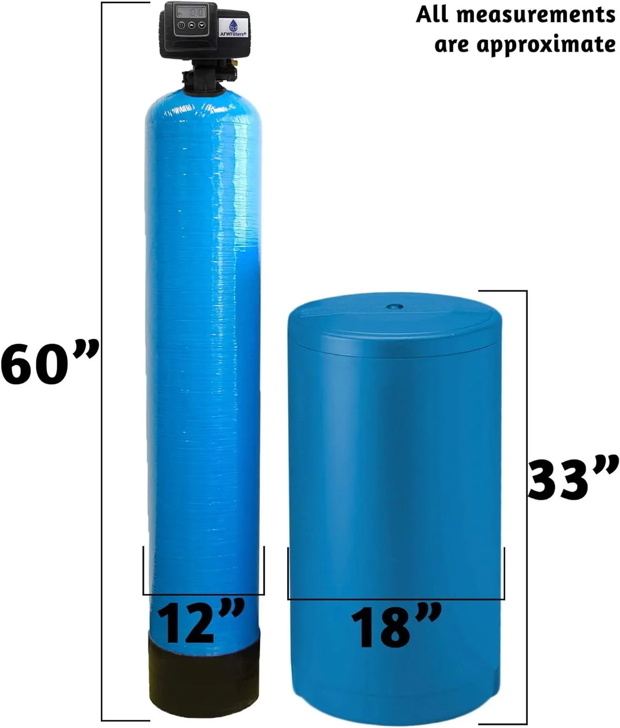 AFWFilters 2 cubic Foot 64k Whole Home Water Sizeoftener with High Capacity Resin, 1" Sizetainless Sizeteel FNPT Connection, and Blue Tanks