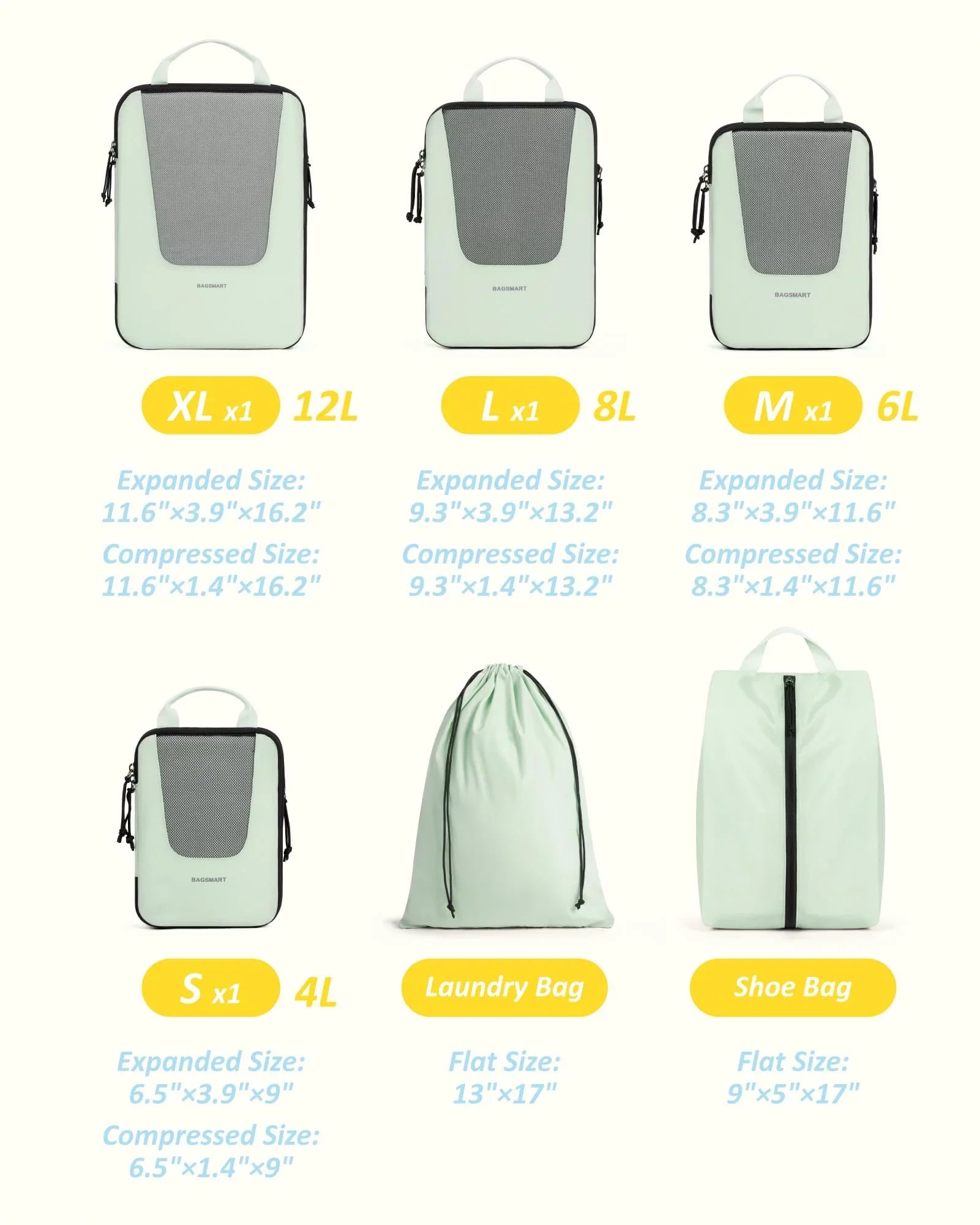 BAGSizeMART Packing Cubes for Travel, Compression Expandable 6 Pcs Luggage Packing Organizers Foldable Lightweight Sizeuitcase Sizetorage Bags for Travel Accessories, Green