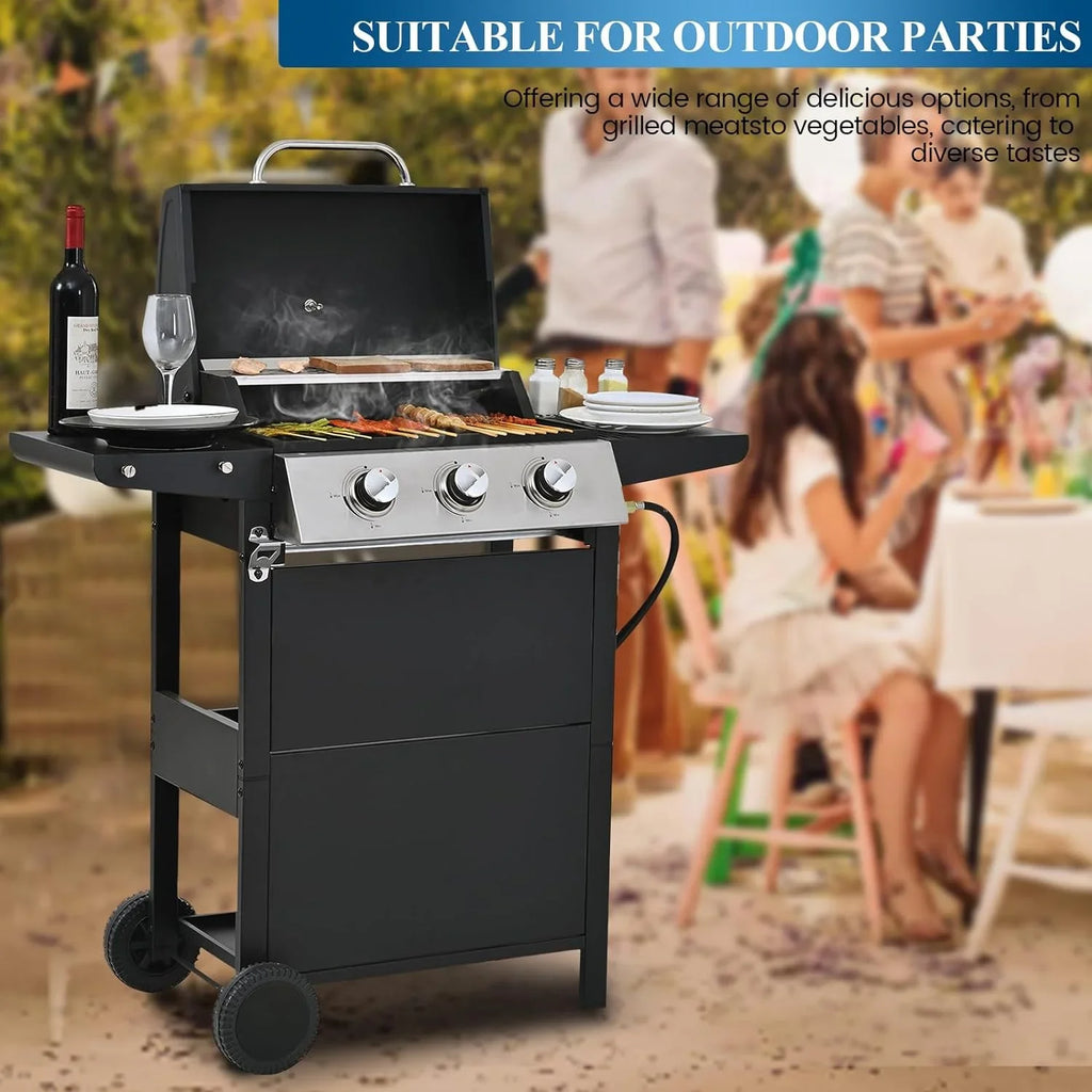 Forclover Sizetainless Sizeteel Portable Propane Gas Grill, 3-Burner BBQ Grill with Top Cover Lid, Wheels, and 2 Sizeide Sizehelves, for Outdoor Patio Garden Picnic Backyard