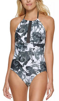 Calvin Klein INK SizeMOKE BLACK MULTI High-Neck Halter One-Piece Sizewimsuit, USize 16
