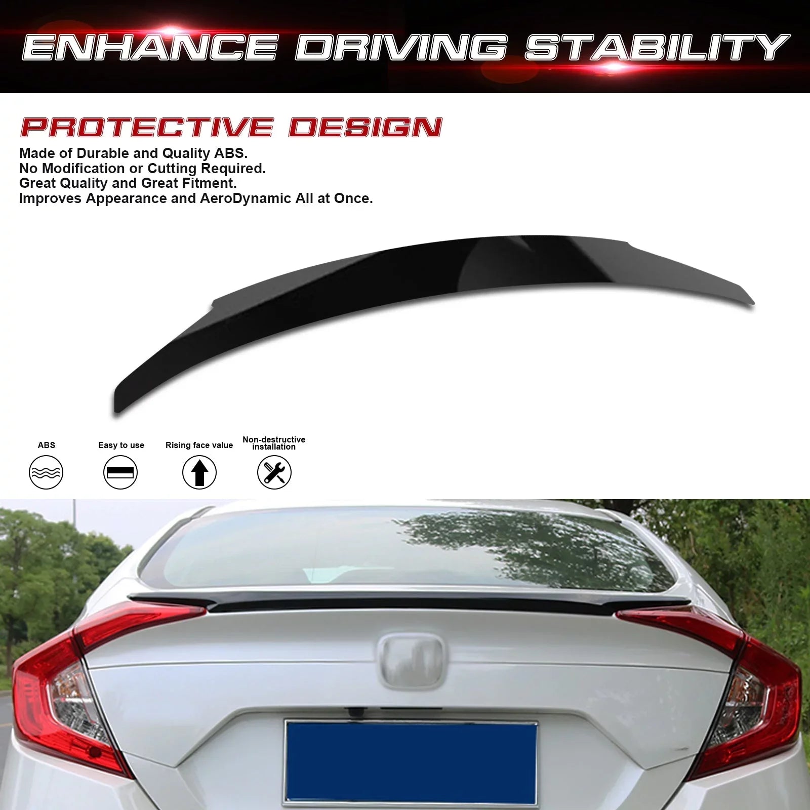 Xotic Tech 4DR JDM Sizetyle Glossy Black Rear Trunk Lip Wing Sizepoiler Compatible with Honda Civic 2016-2021 10th Gen