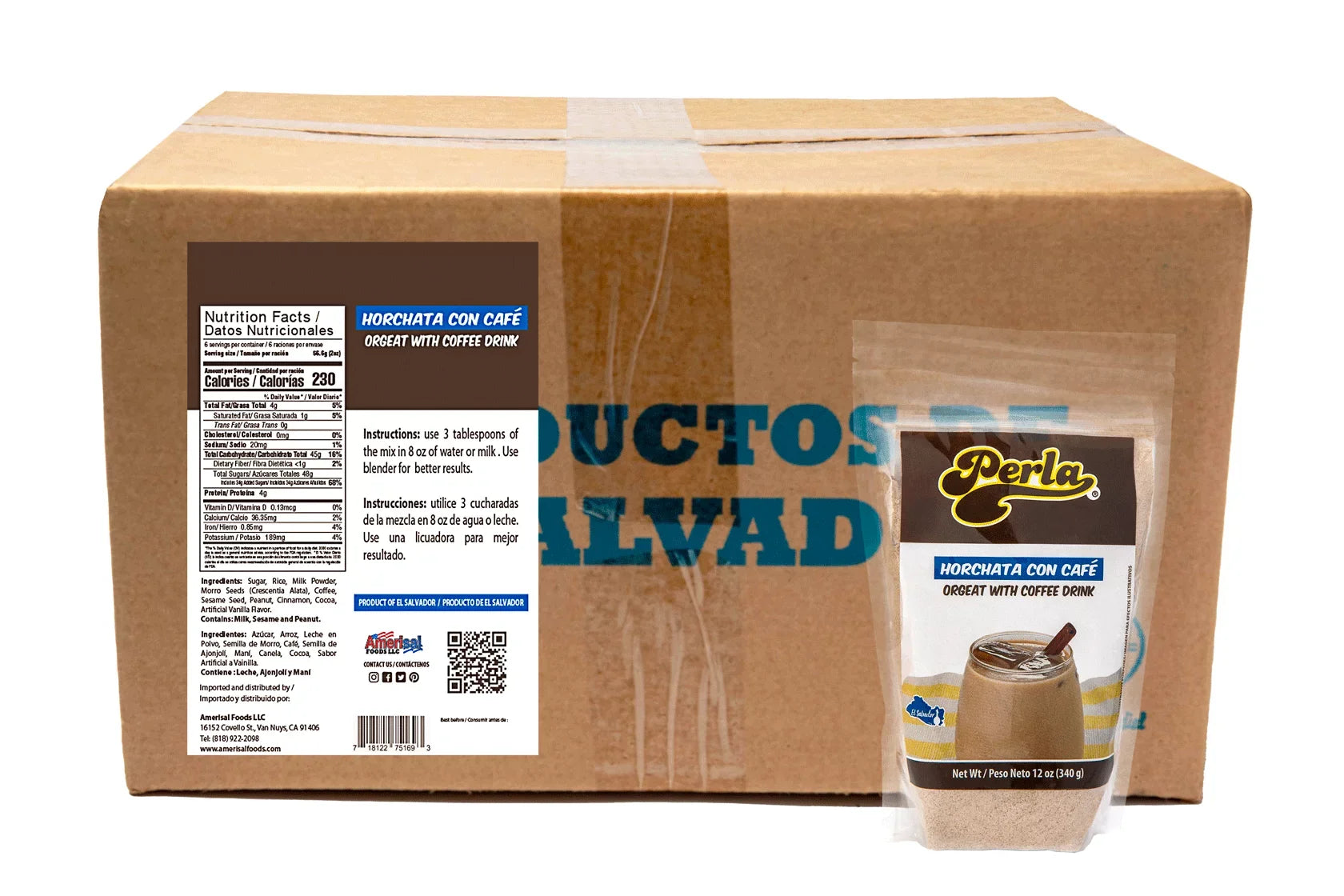 Perla Horchata Sizealvadorena con Cafe (Orgeat with Coffee Drink) Case of 20 (12 oz each)