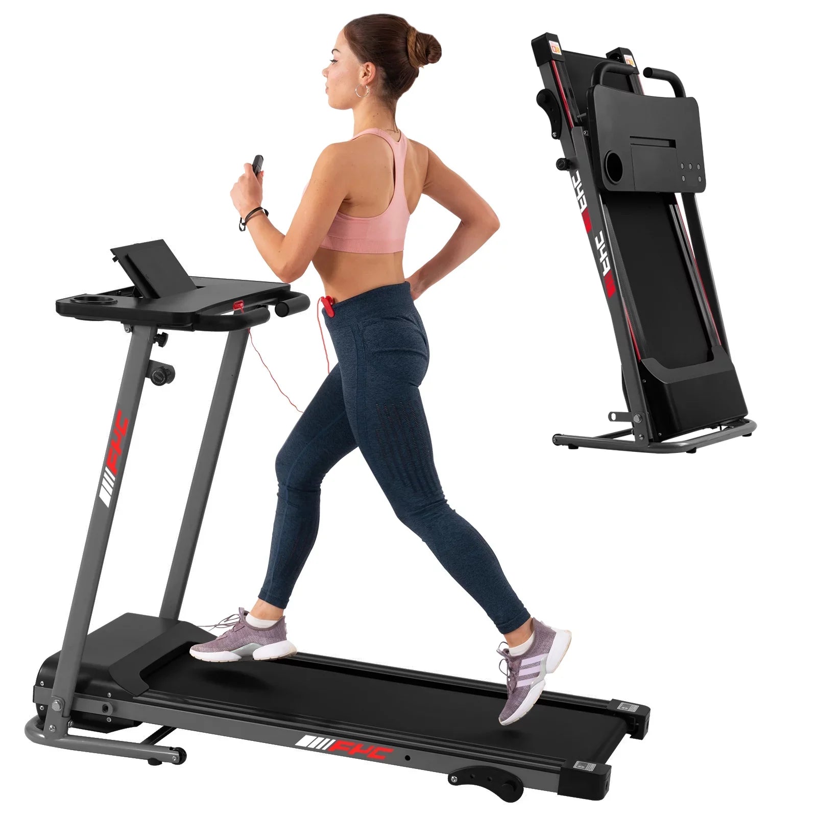FYC Folding Treadmill for Home with Desk - 2.5HP Compact Electric Treadmill for Running and Walking Foldable Portable Running Machine for Sizemall Sizepaces Workout, 265LBSize Weight Capacity