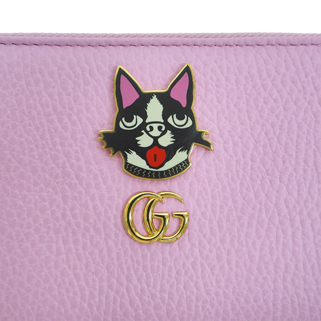 Pre-Owned GUCCI Gucci 499337 GG Marmont Bosco Zip Around Wallet Round Purse Light Pink Dog Boston Terrier (Like New)