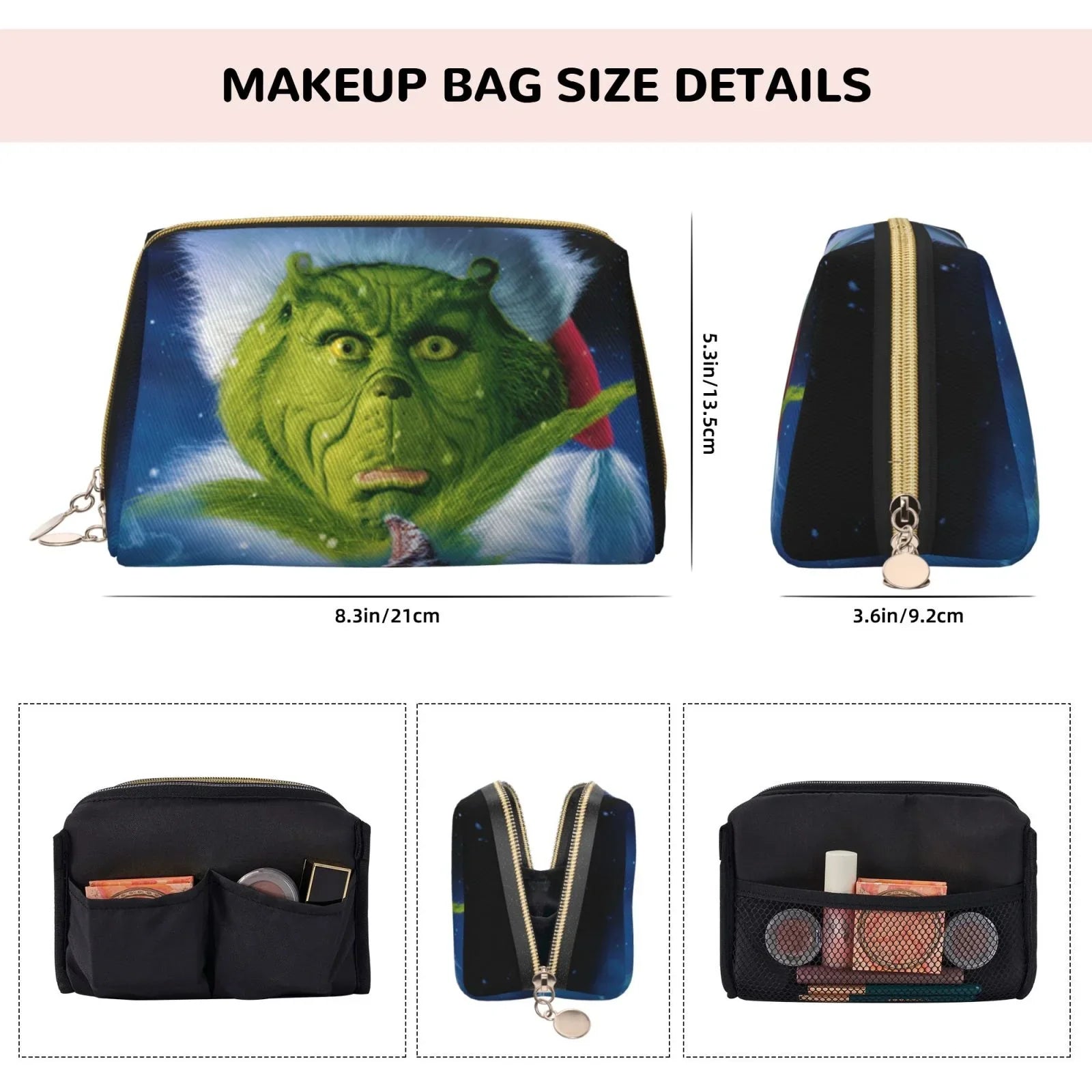The Grinch Christmas Cosmetic Bag Makeup Organizer Leather Portable Pouch Gift Travel Toiletry Bag Sizetorage Purse
