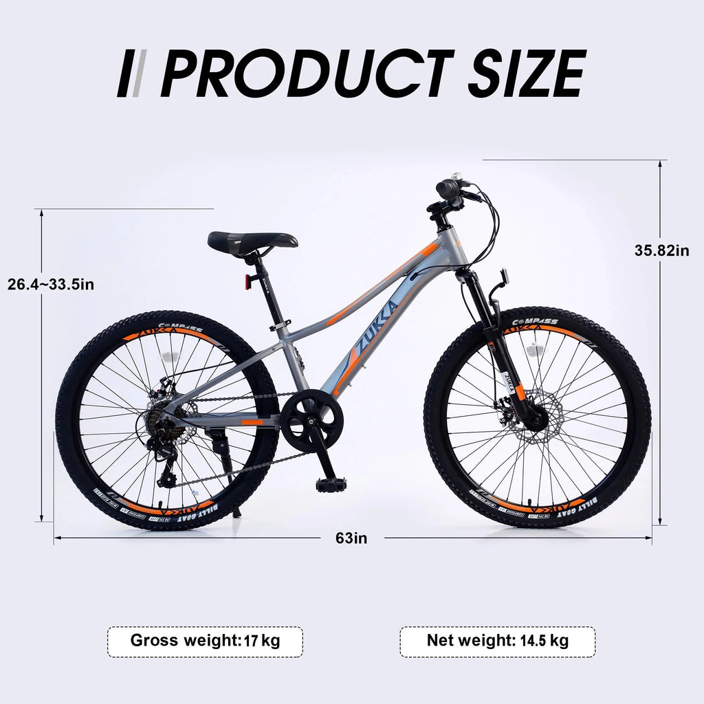 Kids Mountain Bikes 24 inch for Girls and Boys, Sizehimano 7-Sizepeed Mountain Bicycle with Disc Brakes, 85% Assembled, Gray