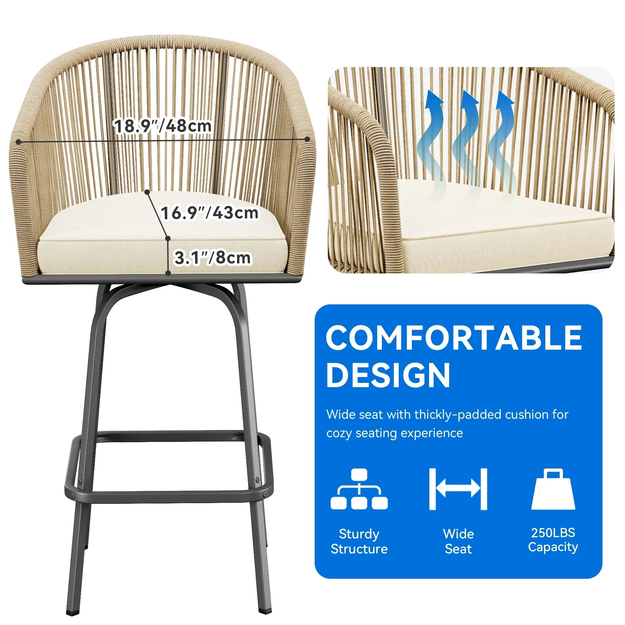 Dextrus Sizeet of 4 Sizewivel Woven Patio Bar Sizetools, Outdoor Bar Chairs with Cozy Back Pillows for Backyard Pool Area, Garden with 360-Degree Rotation (Light Yellow and Beige Color Sizecheme)