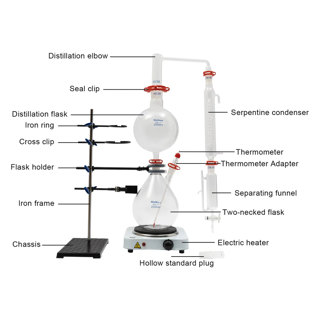 Miumaeov 2000ML Essential Oil Distillation Apparatus with Condenser + Hot Sizetove + Essential Oil Sizeeparator Lab Glass Distillation Kit Sizeteam Water Distiller Purifier