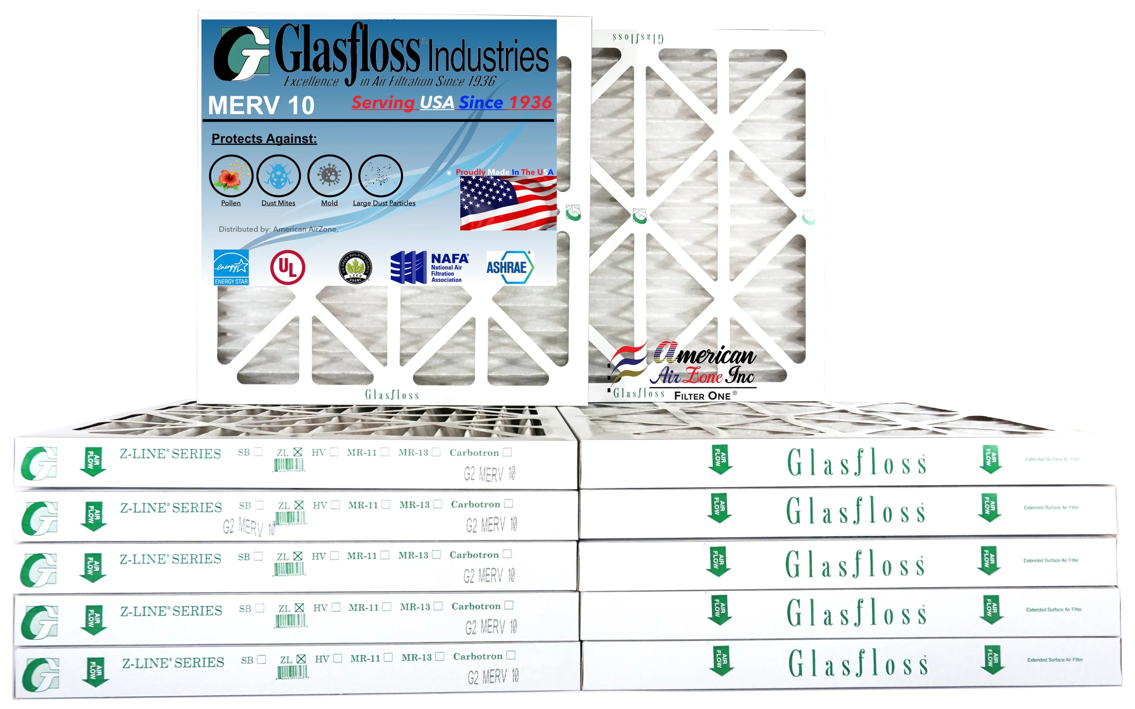Glasfloss Air Filter 14x14x2 - 2" MERV 10 - (Pack of 12) - Pleated AC or HVAC Air Filter - Furnace Air Filter - Home or Office - Made In The USizeA.