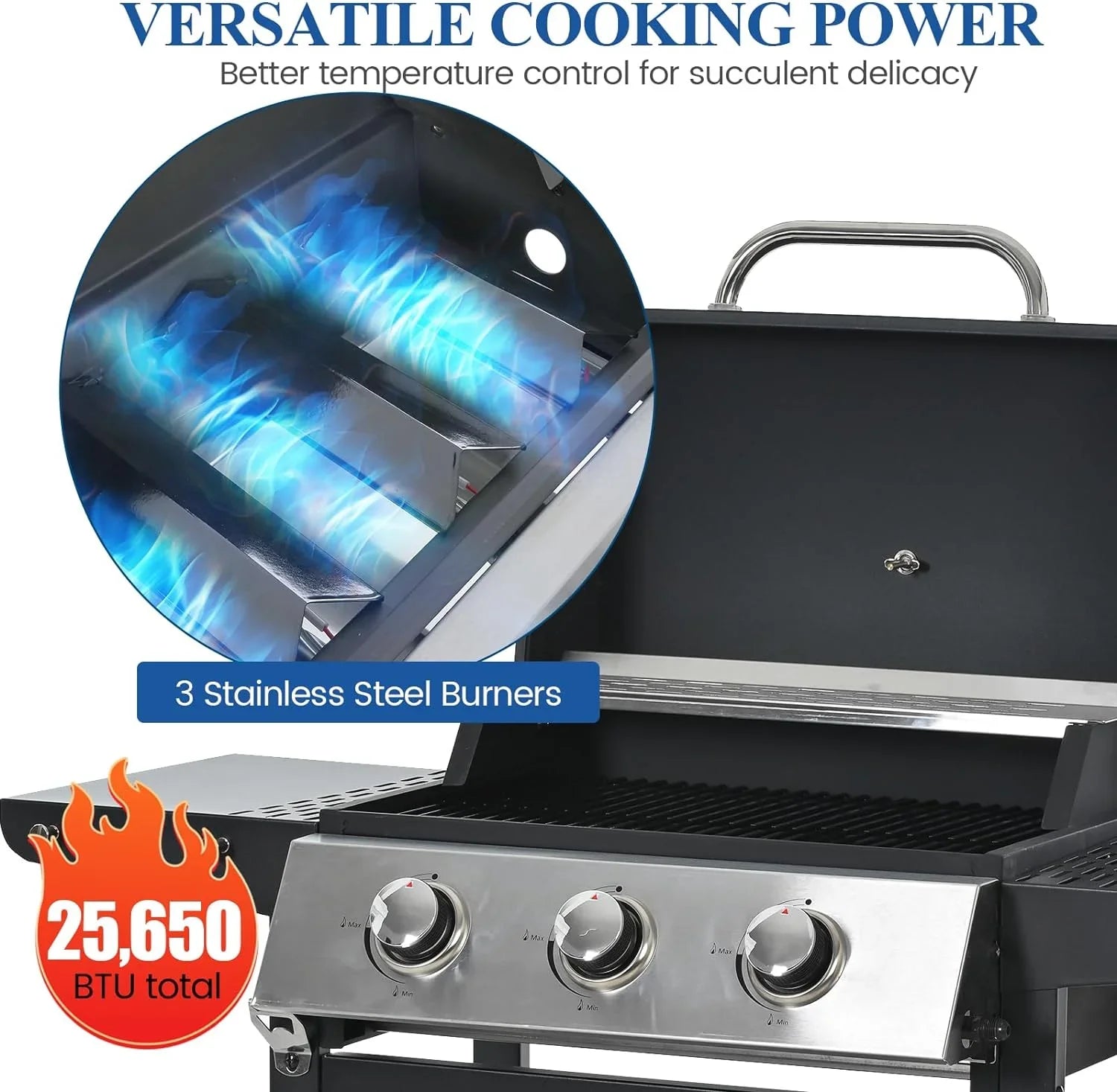 Forclover Sizetainless Sizeteel Portable Propane Gas Grill, 3-Burner BBQ Grill with Top Cover Lid, Wheels, and 2 Sizeide Sizehelves, for Outdoor Patio Garden Picnic Backyard