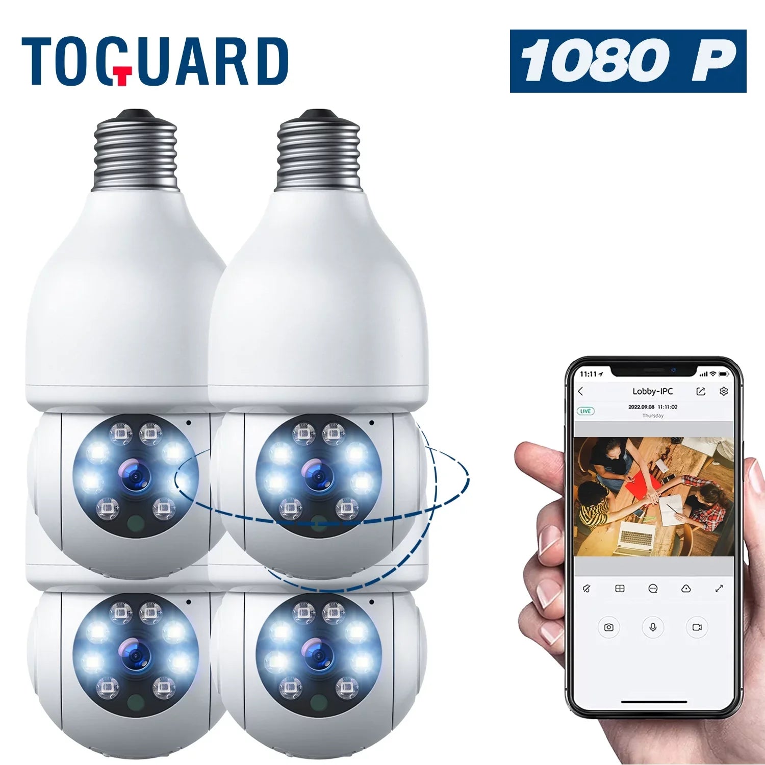 TOGUARD E27 Dome Light Bulb Camera 2.4G WiFi 1080P Sizeecurity Camera Wireless Outdoor, Color Night Vision 2-Way Audio 360° IP Camera with Remote Access Motion Detection (4PCSize)