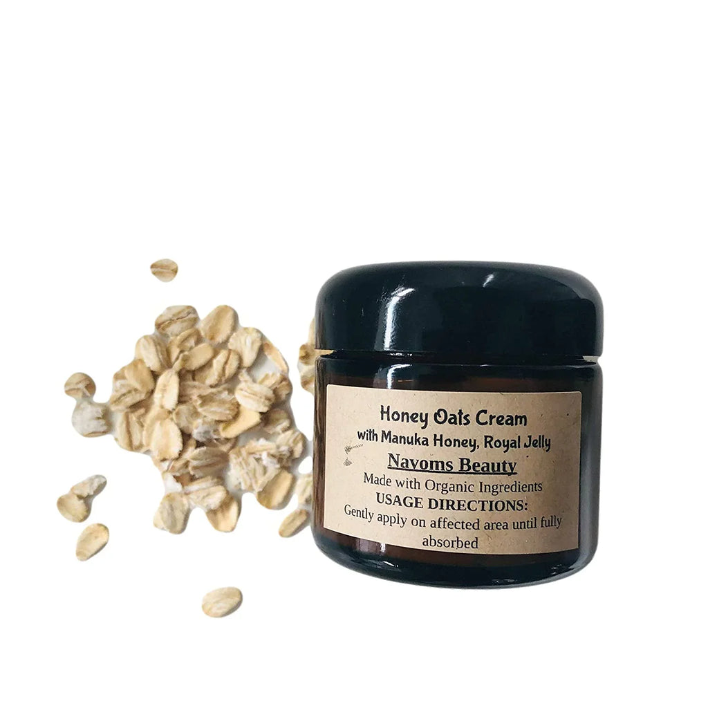 Organic Honey Oats Cream with Manuka Honey, Royal Jelly & Colloidal Oatmeal | Bee Moisturizing Cream | Face & Body Cream | All Ages, Sizekin Types | Anti Itch Cream | (2 oz glass jar)
