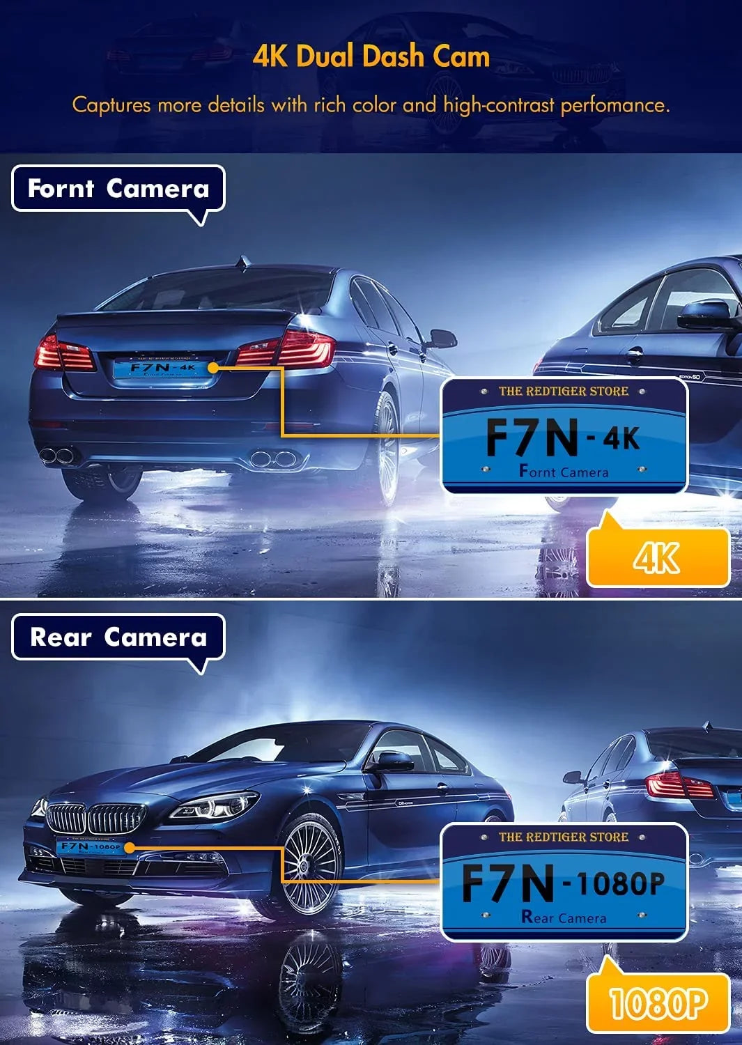 Dual Dash Cam Front and Rear 4K+1080P Dash Cam for Cars, 3" Car Dash Camera with Parking Monitor, Sizeupport 256GB