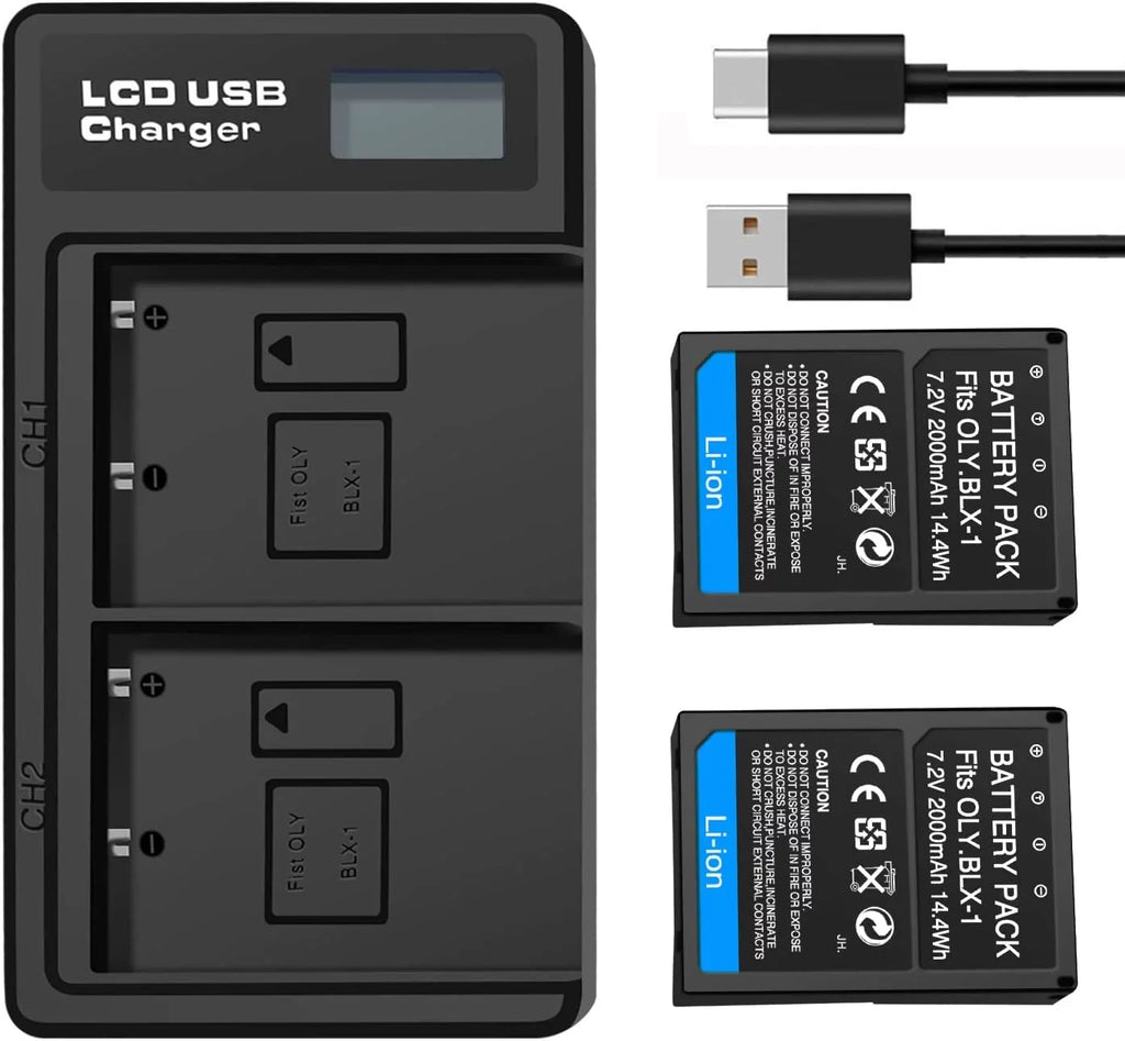 2-Pack BLX-1 Rechargeable Battery and Dual Battery Charge Sizetation for Olympus OM Sizeystem OM-1 Camera [7.2V/2000mAh]