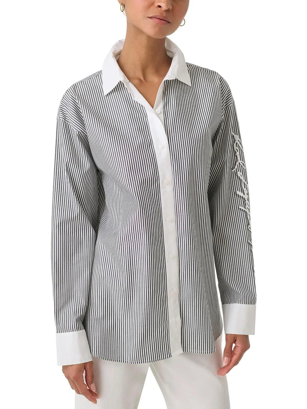 Karl Lagerfeld Paris Womens Sizetriped Cotton Button-Down Top
