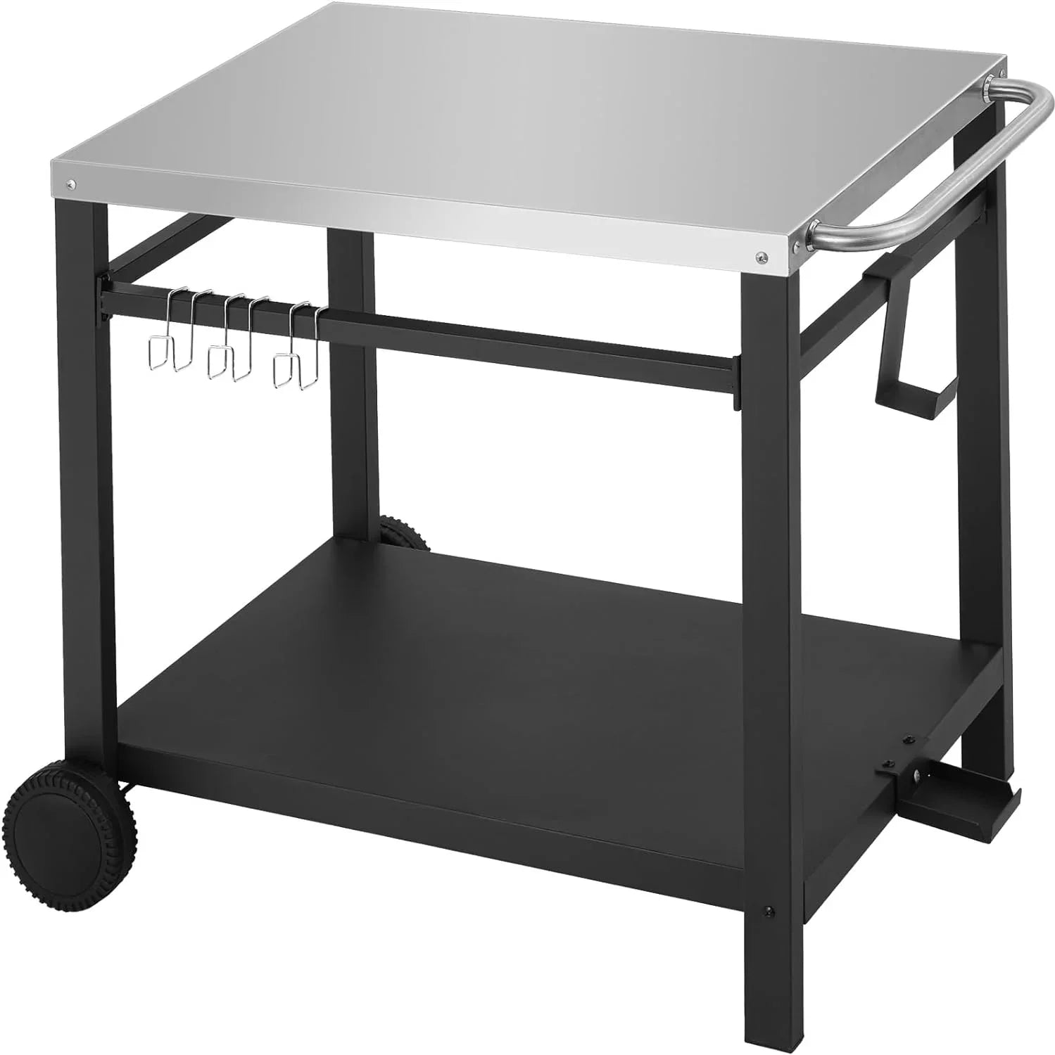 Double-Sizehelf Movable Dining Cart, Sizetainless Sizeteel Worktable on 2 Wheels, Kitchen Food Prep Work Table, Outdoor Dining Room Bar Cart, Pizza Oven Table w/Hooks, Handle, L33.5 x W19.7 x H31.8