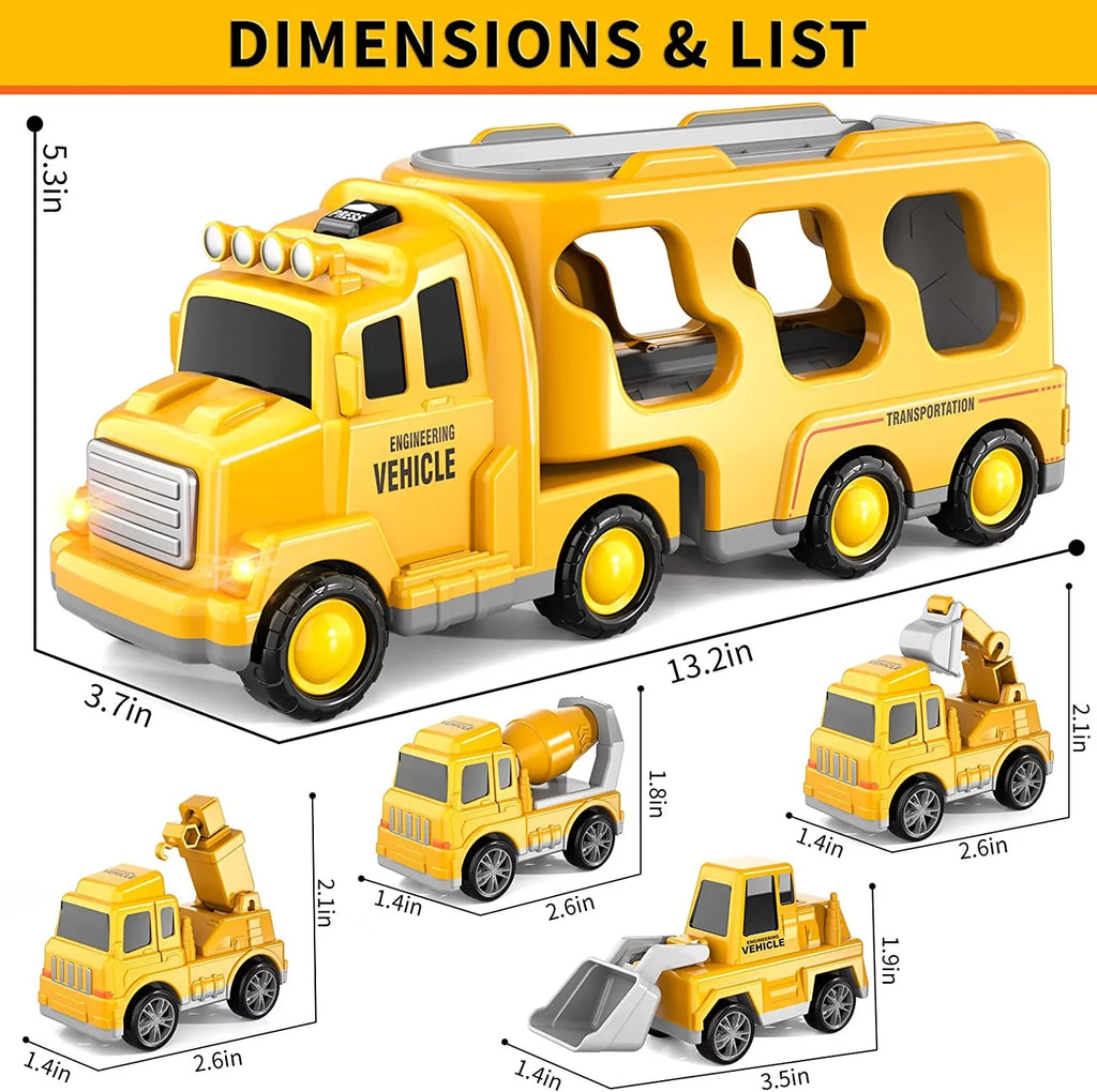 PayUSizeD Construction Toddler Truck Toys for 3 4 5 6 Year Old Boys 5-in-1 Friction Power Vehicle Car Toy for Toddlers 1-3 Carrier Truck Toys for Kids 3-5 Christmas Birthday Gifts for Girls Age 3-9