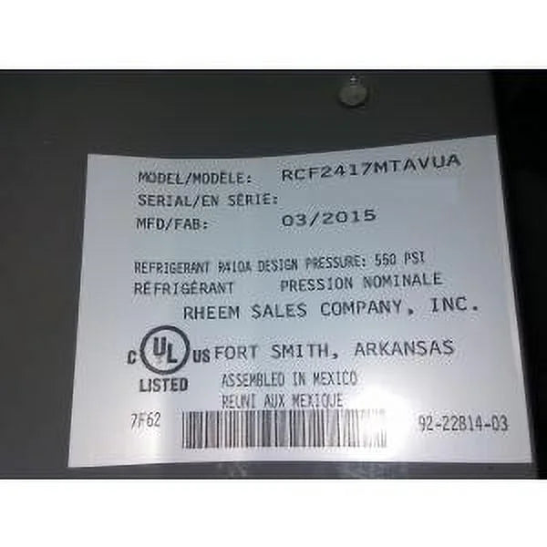 RHEEM RCF2417MTAVUA 2 TON UPFLOW MID EFFICIENCY UNCASizeED "N" COIL R410A 183096