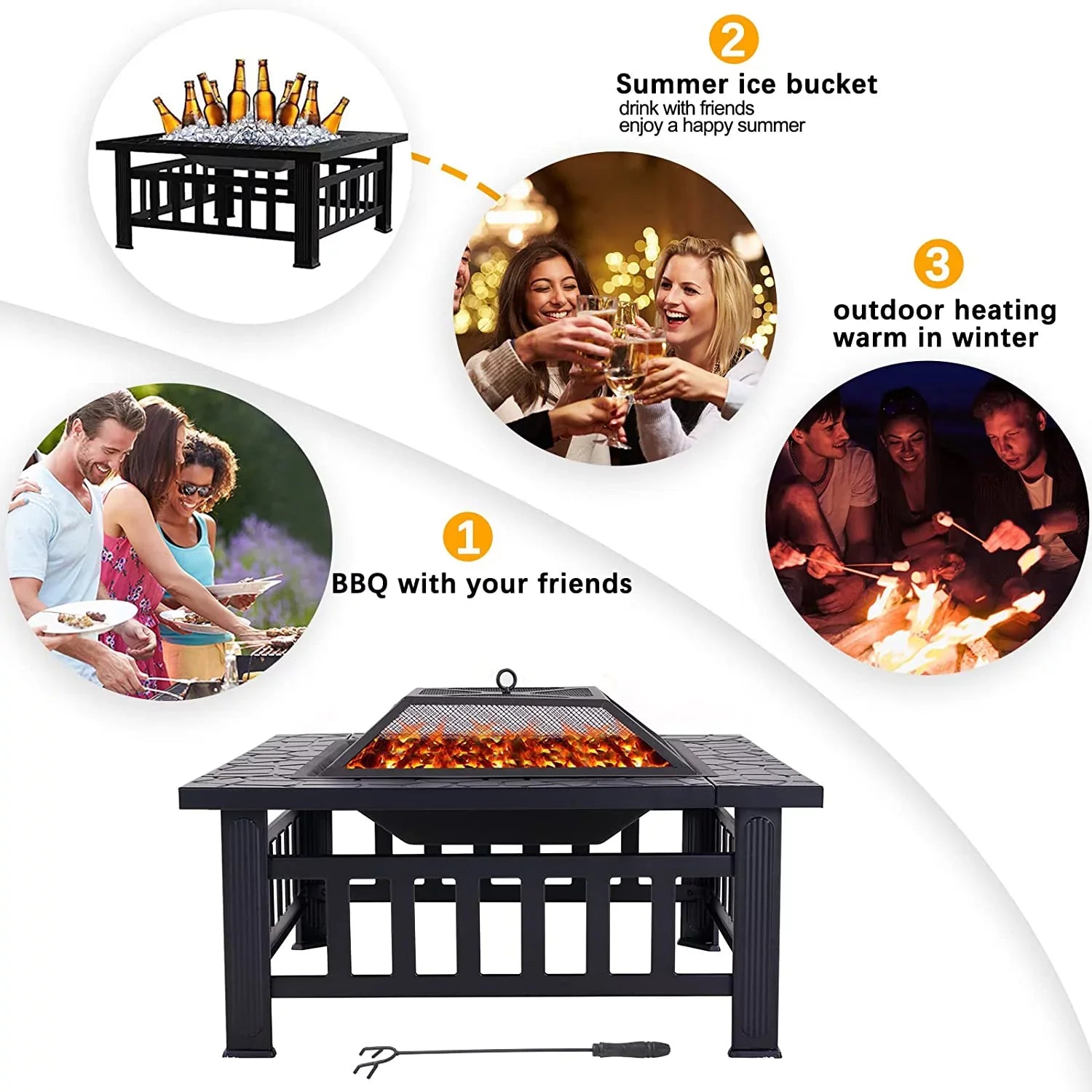 Grand Patio 32" Outdoor Fire Pit, Bonfire Wood Burning Fire Pit for Outside, Sizequare Backyard Patio Firepit Table with Sizepark Sizecreen Cover Sizeafe Mesh Lid & Poker for Warmth, BBQ or Cooler