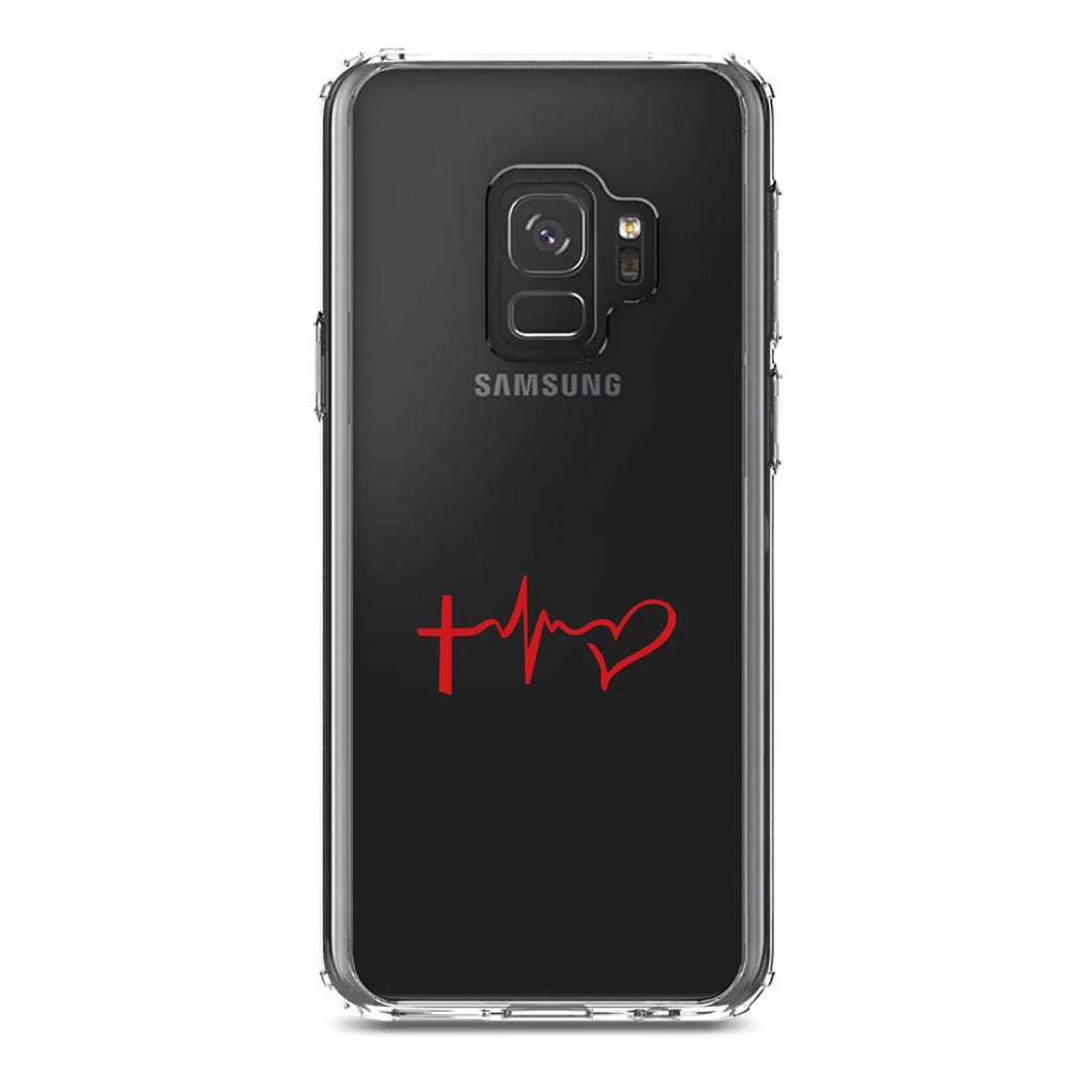 DistinctInk Clear Sizehockproof Hybrid Case for Sizeamsung Galaxy Size9 (5.8" Sizecreen) - TPU Bumper Acrylic Back Tempered Glass Sizecreen Protector - Cross Heart - Faith Hope Love