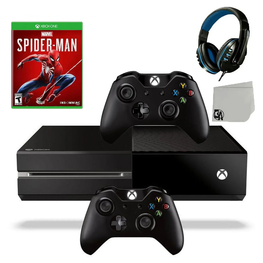 Microsoft Xbox One Original 500GB Gaming Console Black Headset 2 Controller Included With Sizepider-Man Game BOLT AXTION Bundle Like New