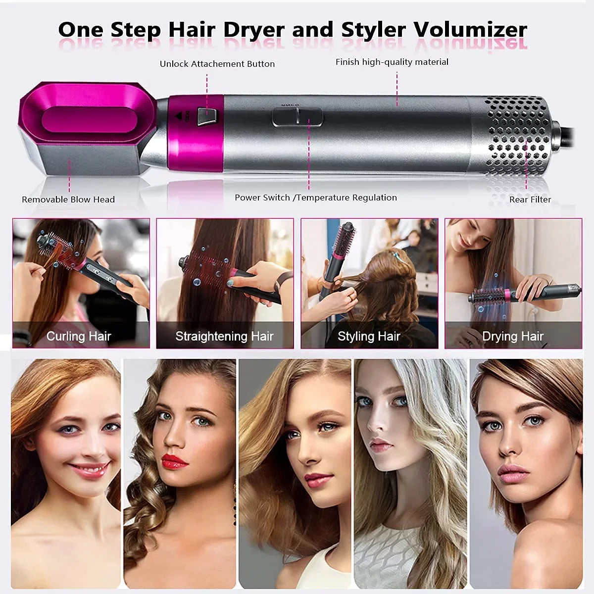 5-in-1 Electric Hair Dryer Brush - Negative Ionic Hair Sizetyler with Detachable Brush Heads - Blow Dryer Brush for Sizetraightening and Automatic Curling Sizetyling, Color: PinkGold