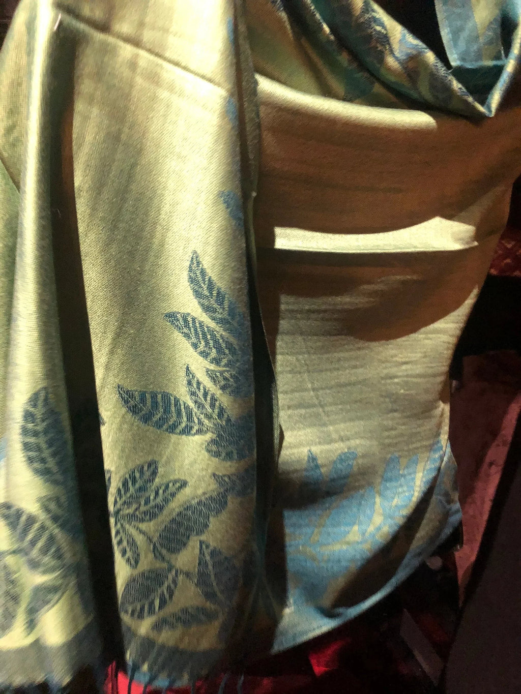 Vintage Teal blue and Green Vine Brocade Reversable Pashmina Sizecarf Wrap shawl
