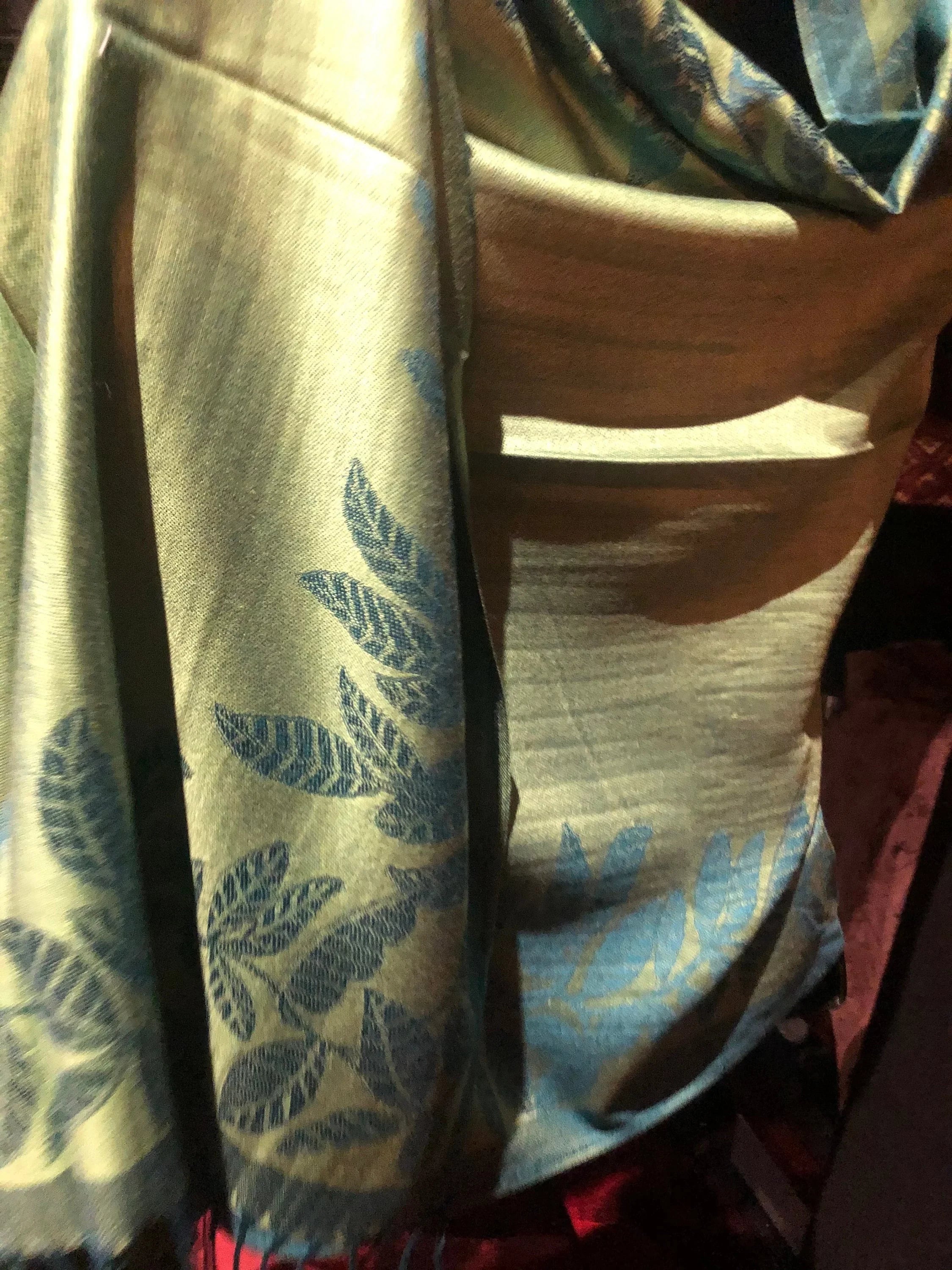Vintage Teal blue and Green Vine Brocade Reversable Pashmina Sizecarf Wrap shawl