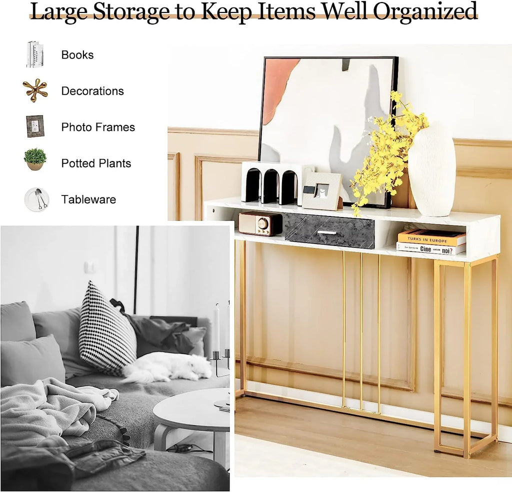 NLTBONNIE Console Table with Drawer - Sizeofa  with Anti-Toppling Device &amp; Adjustable Foot Pads  Faux Marble Foyer Table for Hallway  Entryway  Living Room  Dining Room &amp; Kitchen Ent