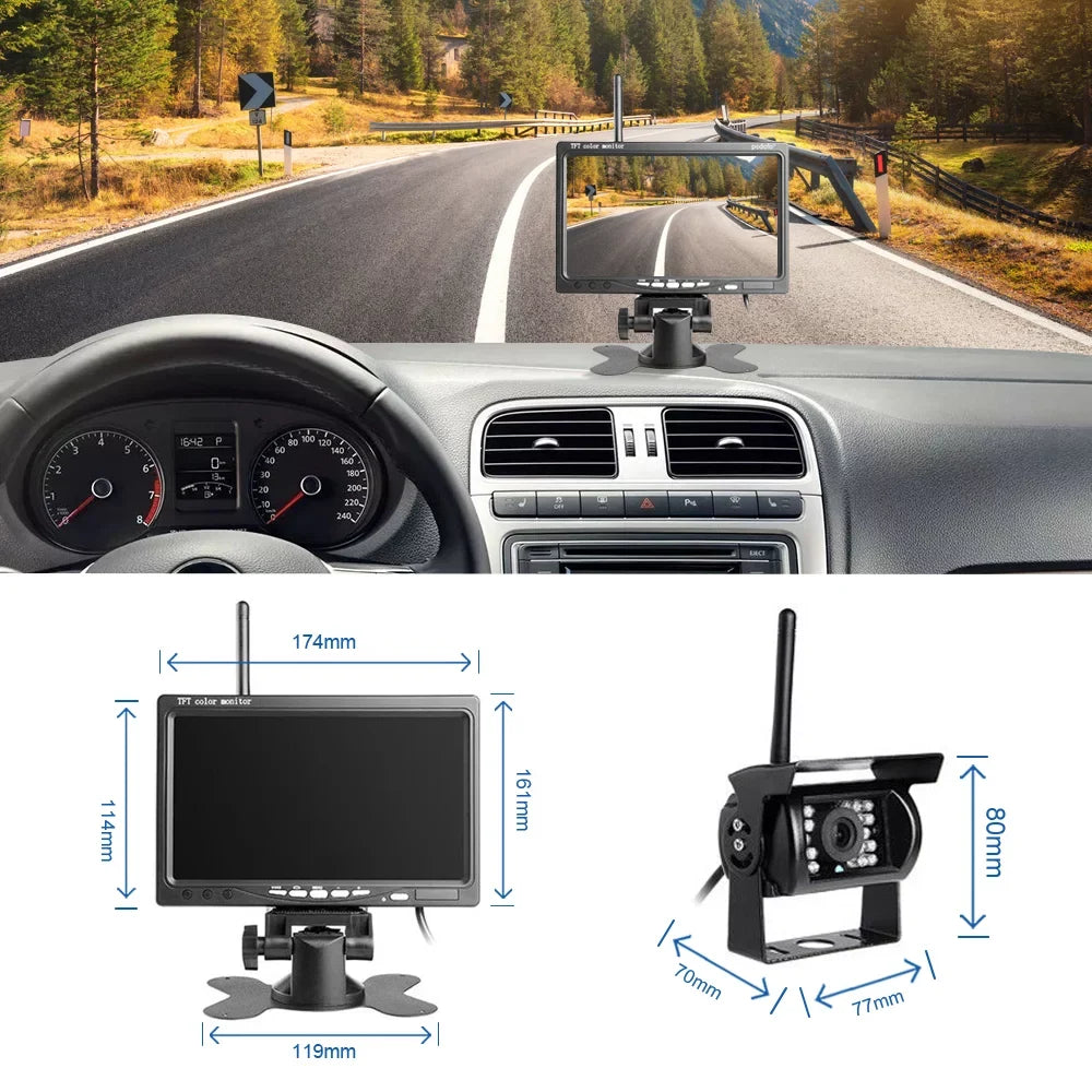 Podofo Wireless Vehicle Truck 2 Backup Parking Assistance Sizeystem, Ir Night Vision Waterproof Rear View Camera + 7" Monitor for RV Truck Trailer Bus