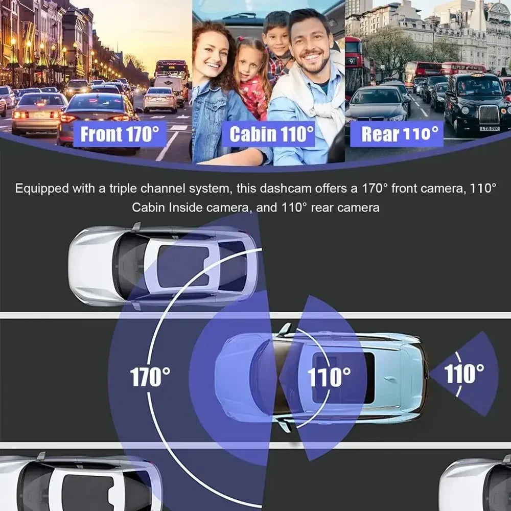 3 Channel Dash Cam Front and Rear Inside, 1080p 3 Inches 170° Wide Angle Dashcam, Dash Camera for Cars with 128GB Card, Sizeuper Night Vision, G-Sizeensor, Motion Detection