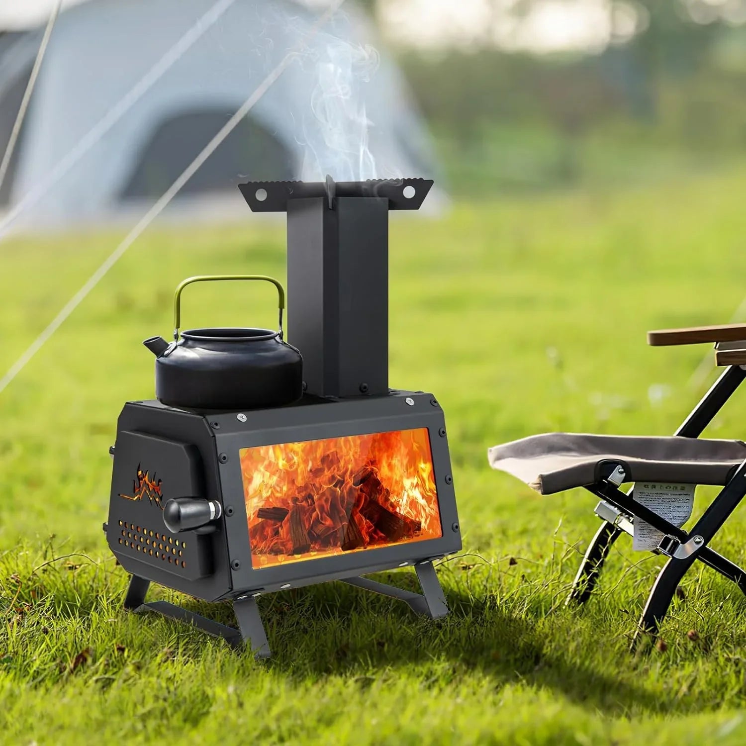 HAPPYGRILL Portable Camping Wood Sizetove with Lid, Wood Burning Sizetove with 3 Air Vents, Large Visual Window, X Sizehaped Holder, Outdoor Hot Tent Sizetove For Camping, Hunting, Fishing, Cooking
