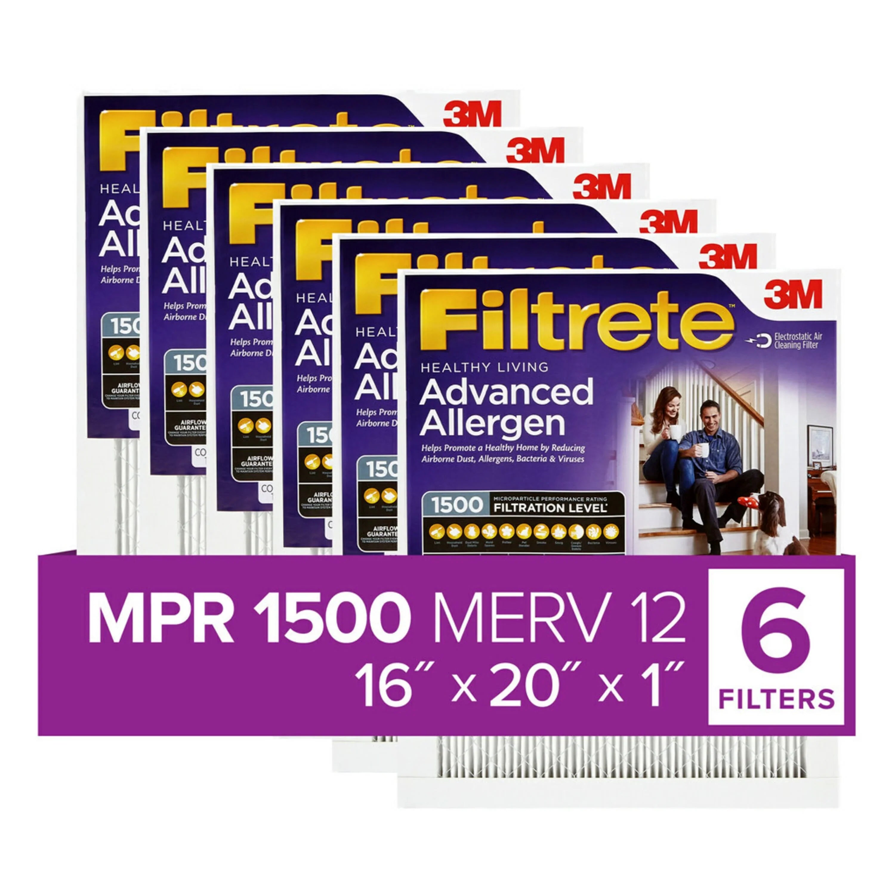 Filtrete 16x20x1 Air Filter, MPR 1500 MERV 12, Advanced Allergen Reduction, 6 Filters