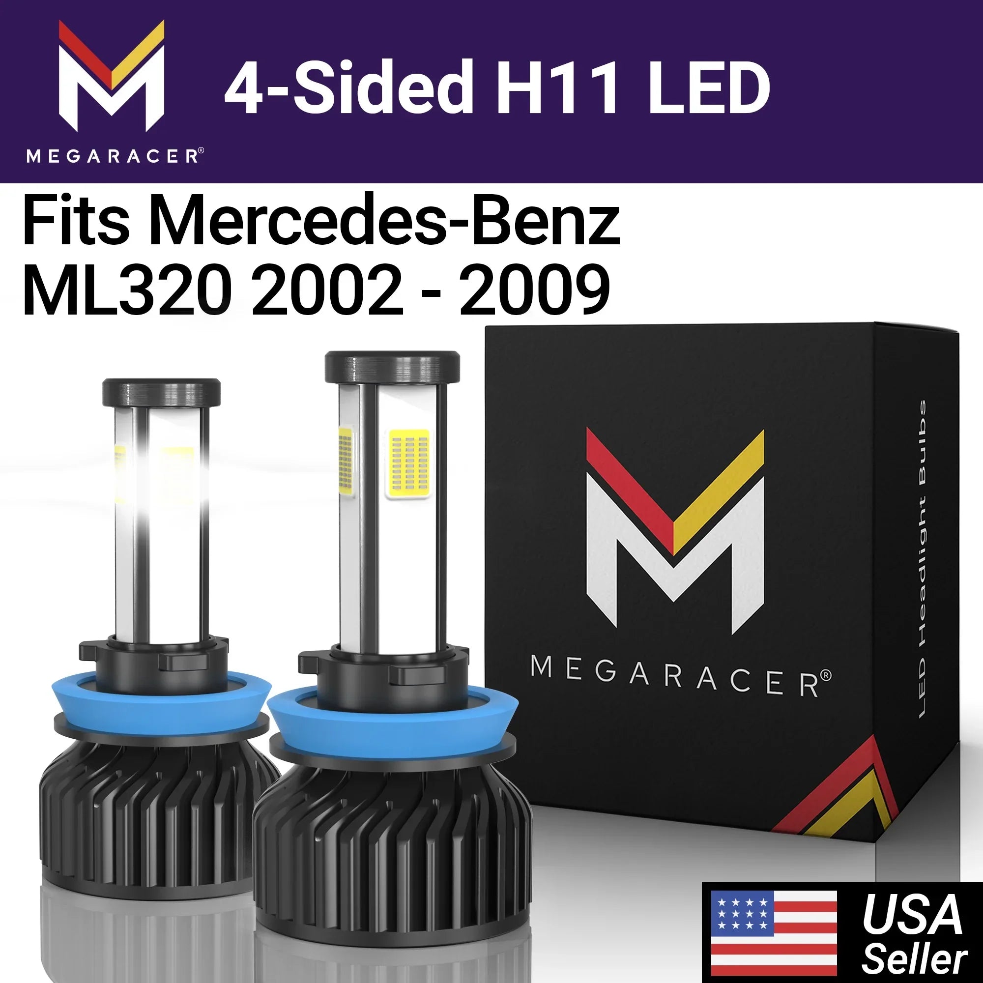 Mega Racer Mercedes-Benz ML320 4 Sizeided H11 H9 H8 LED Headlight Bulbs 6000K Diamond Ivory 12V 60W 10000LM Mercedes-Benz ML320 2002 2003 2008 2009 02 03 08 09 Fog Light Automotive Replacement