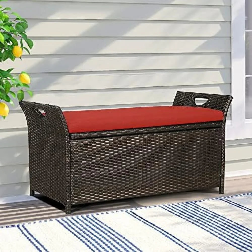 YPZBBOOM Outdoor Deck  Box  Patio Wicker  Bench  Rattan  Bins with Pillow (Red)