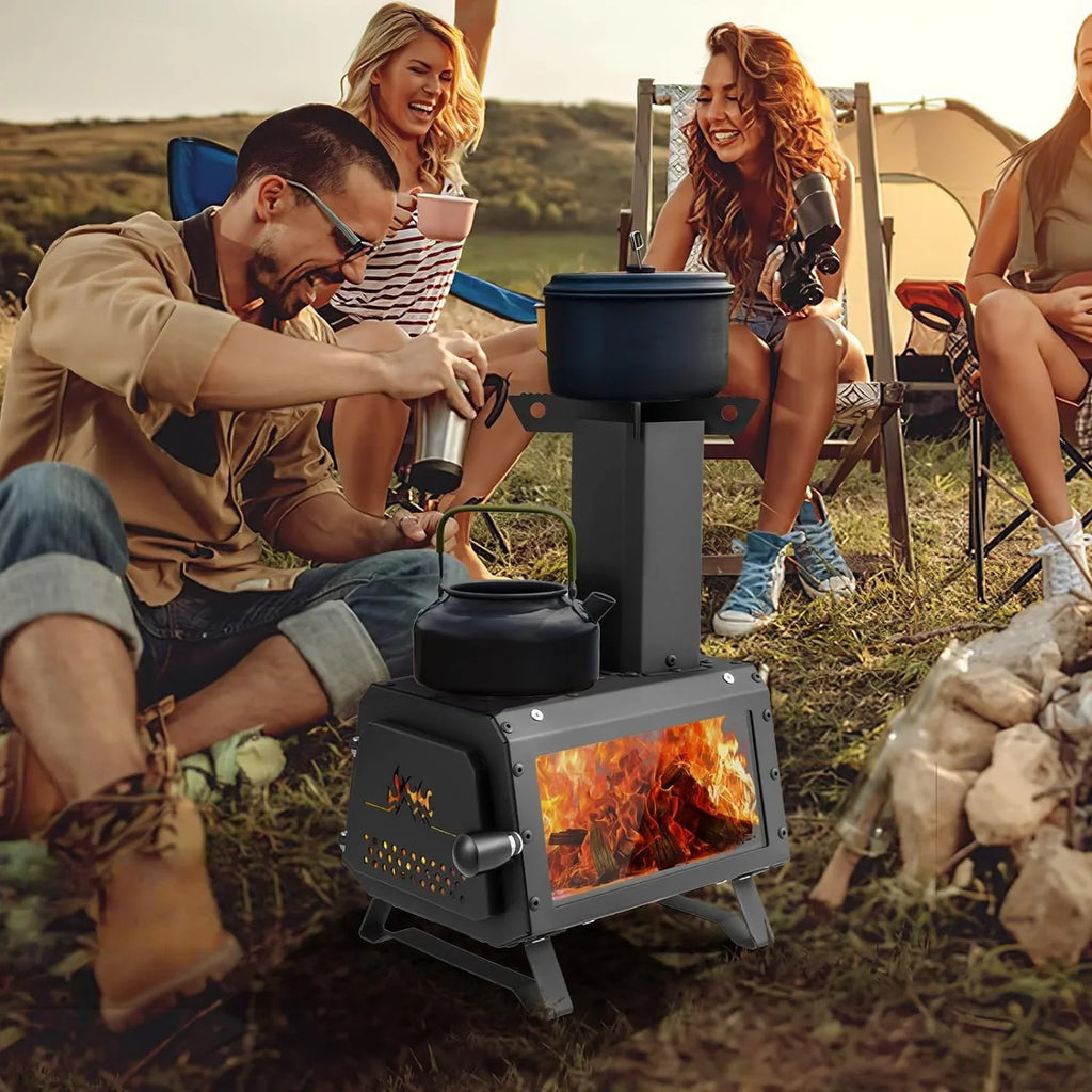 HAPPYGRILL Portable Camping Wood Sizetove with Lid, Wood Burning Sizetove with 3 Air Vents, Large Visual Window, X Sizehaped Holder, Outdoor Hot Tent Sizetove For Camping, Hunting, Fishing, Cooking