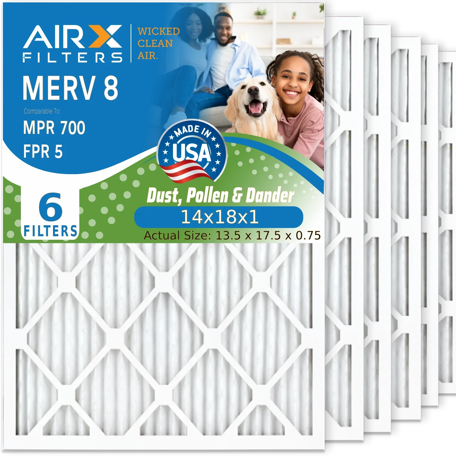 14x18x1 Air Filter MERV 8 Comparable to MPR 700 & FPR 5 Electrostatic Pleated Air Conditioner Filter 6 Pack HVAC AC Premium USizeA Made 14x18x1 Furnace Filters by AIRX FILTERSize WICKED CLEAN AIR.