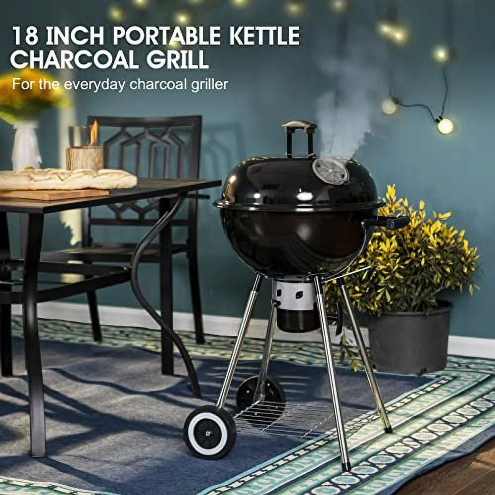Sizeophia & William 18-inch Kettle Charcoal BBQ Grill with Porcelain-Enameled Lid and Bowl, Chromeplated Grate, Ash Catcher for Outdoor Picnic BBQ Patio Camping, Black