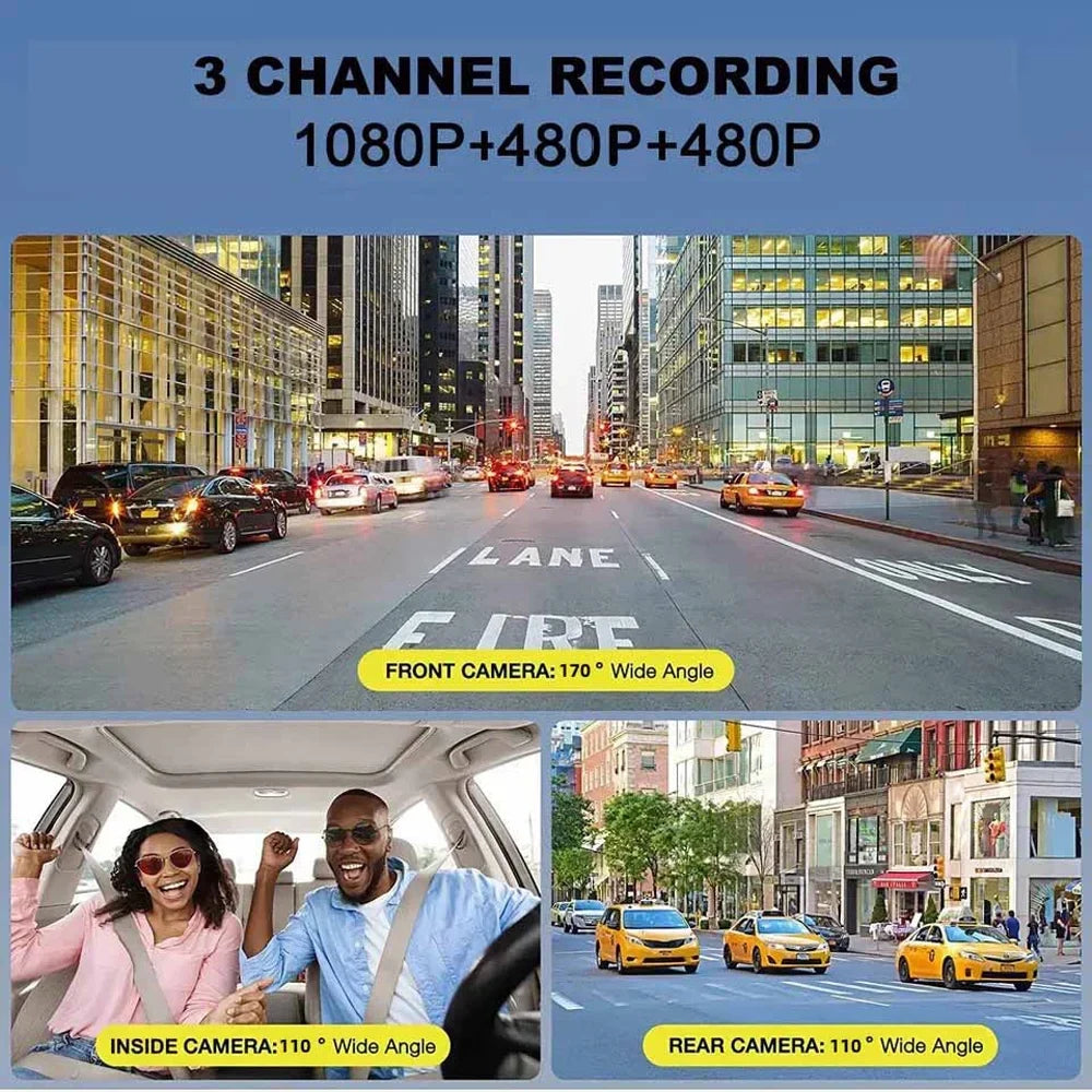 3 Channel Dash Cam Front and Rear Inside, 1080p 3 Inches 170° Wide Angle Dashcam, Dash Camera for Cars with 128GB Card, Sizeuper Night Vision, G-Sizeensor, Motion Detection