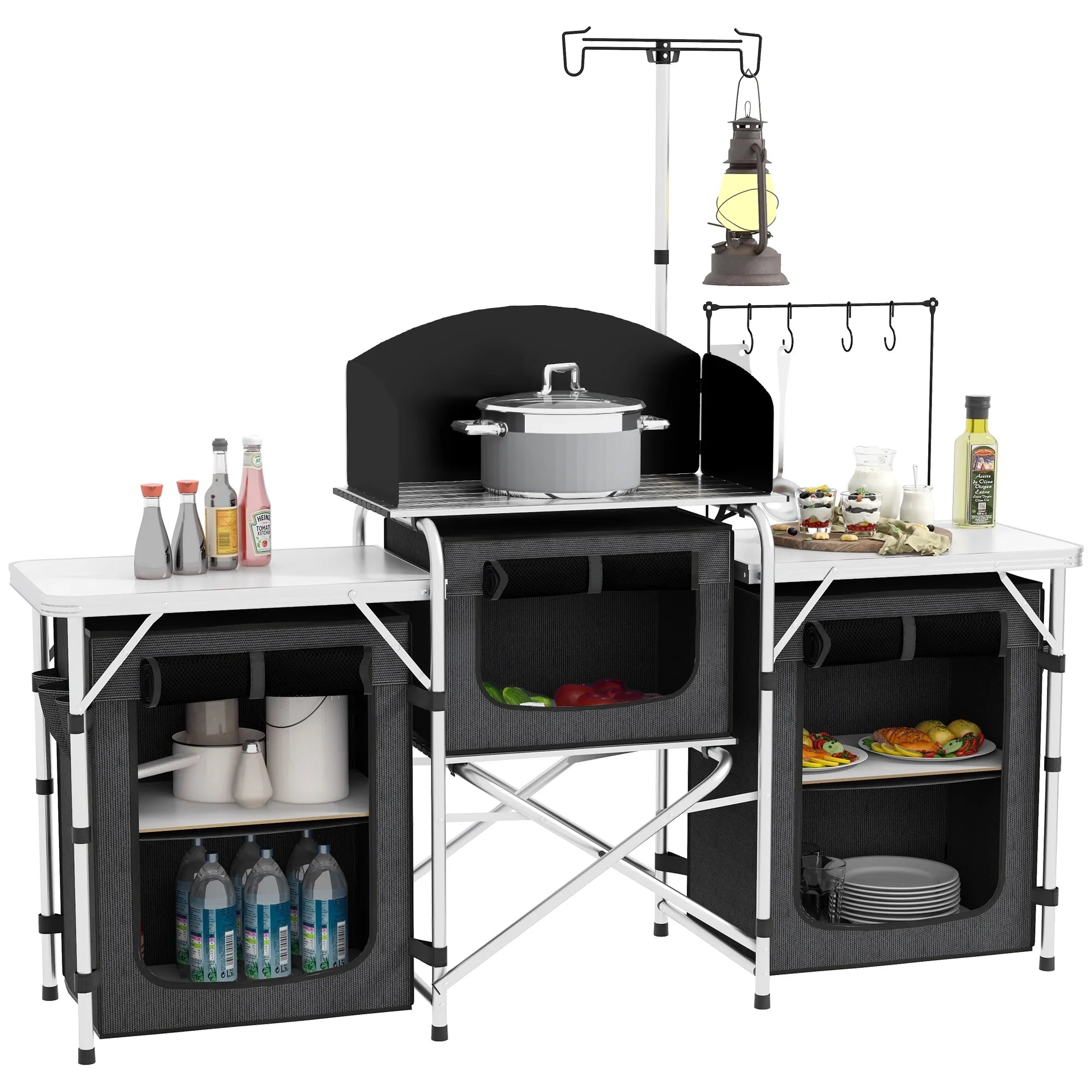 Outsunny Folding Camping Kitchen with Windshield Fabric Cupboards Black