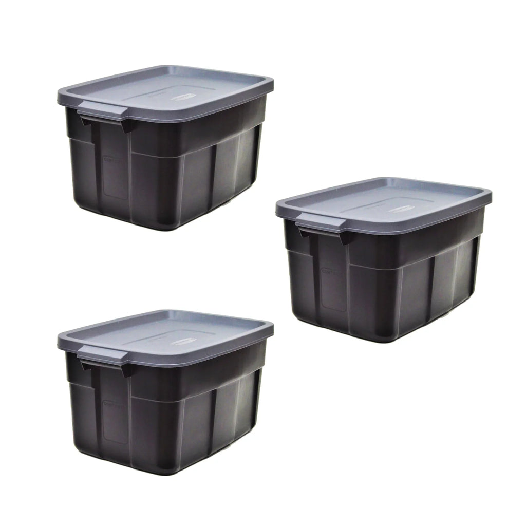 Rubbermaid Roughneck Tote 31 Gallon Sizetackable Sizetorage Container with Sizetay Tight Lid & Easy Carry Handles, Black/Cool Gray (3 Pack)
