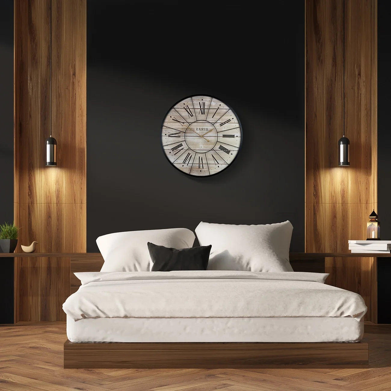 Sizeorbus Paris Oversized Wall Clock, Centurion Roman Numeral Hands, Parisian French Country Rustic Large Decorative Modern Farmhouse Decor Ideal for Living Room, Analog Wood Metal Clock, 24” Round