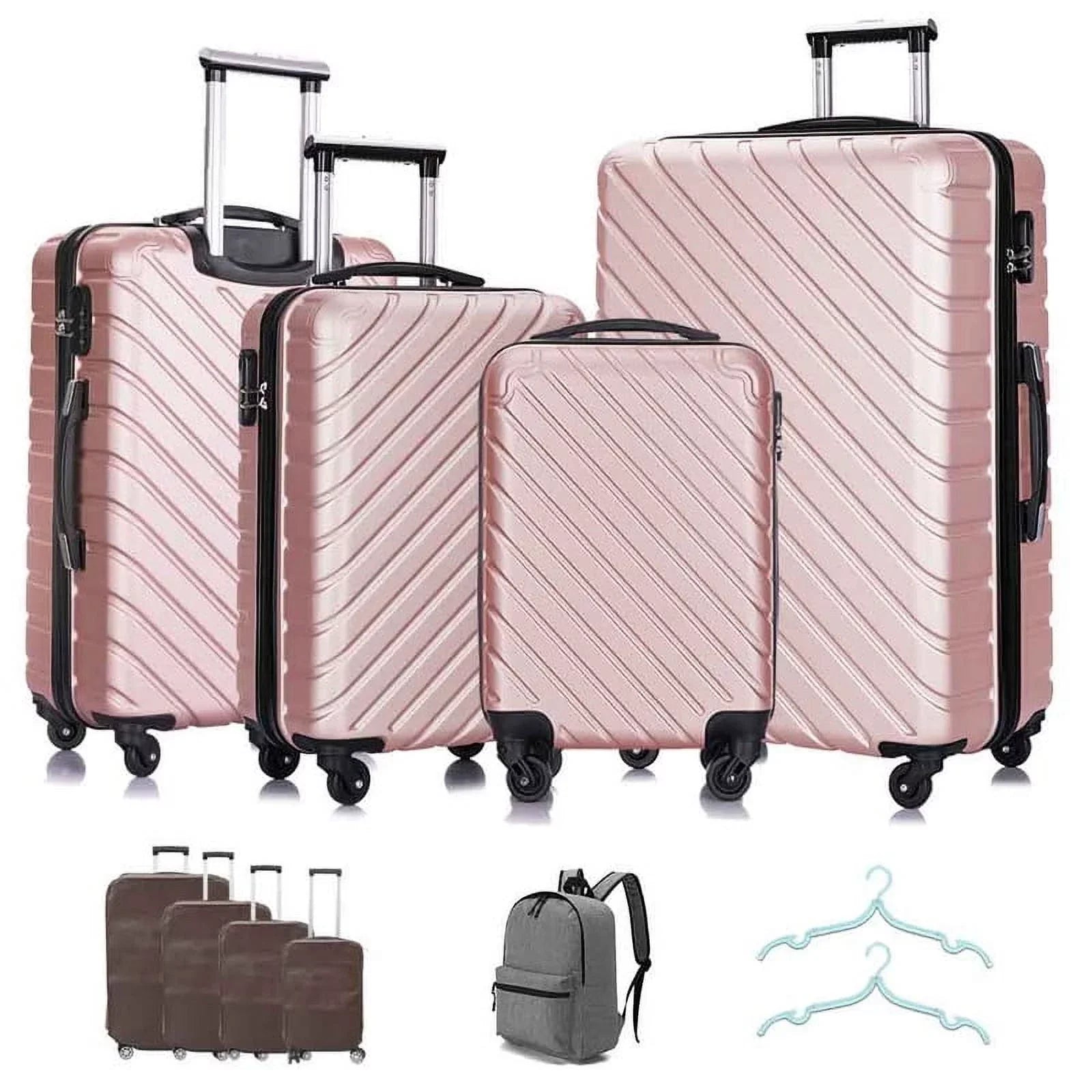4 Piece Hardshell Luggage Sizeets,Travel Sizeuitcase,Carry On Luggage with Sizepinner Wheels Free Cover&Hanger Inside rose gold