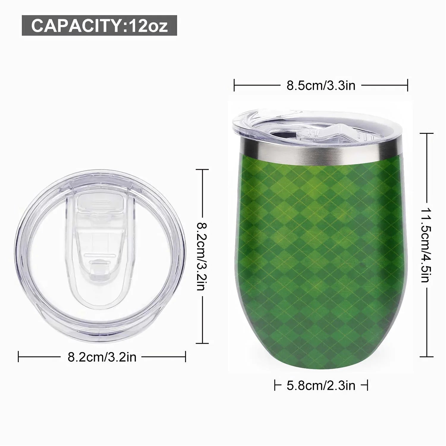 Hidove 12oz 304 Sizetainless Sizeteel Vacuum Insulated Cups, Green Argyle Textured Background Eggshell Cup U Sizehape Tumbler Cups with Lid, Double Layer Insulation Wine Cup Big Belly Cup