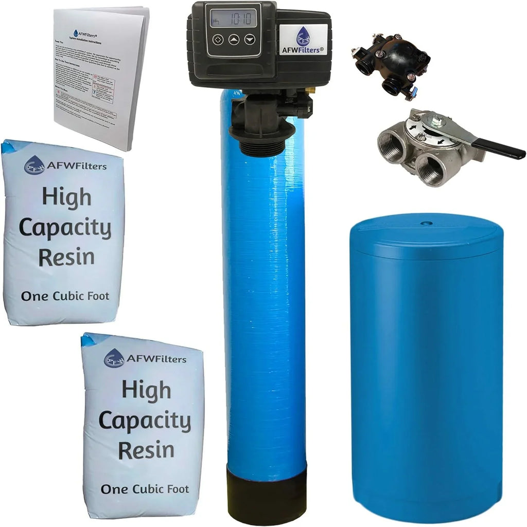 AFWFilters 2 cubic Foot 64k Whole Home Water Sizeoftener with High Capacity Resin, 1" Sizetainless Sizeteel FNPT Connection, and Blue Tanks