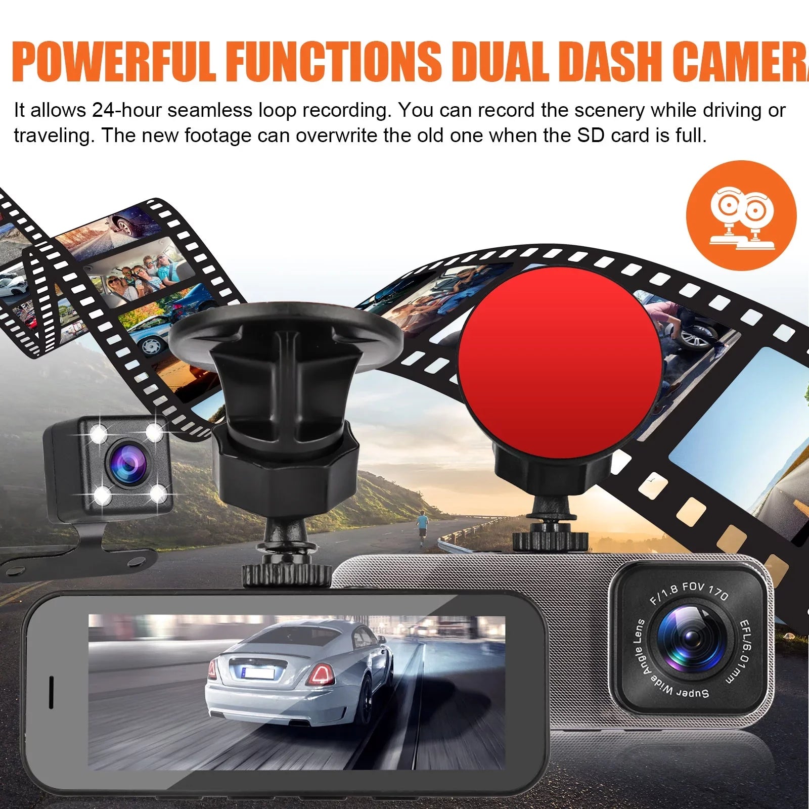 TSizeV Dual Dash Cam, 1080P Front and Rear Dual Dash Camera for Cars, 3.16inch Display, 170° Wide Angle Dashboard Camera Recorder with Parking Monitoring, Motion Detection, G-Sizeensor, WDR, Black