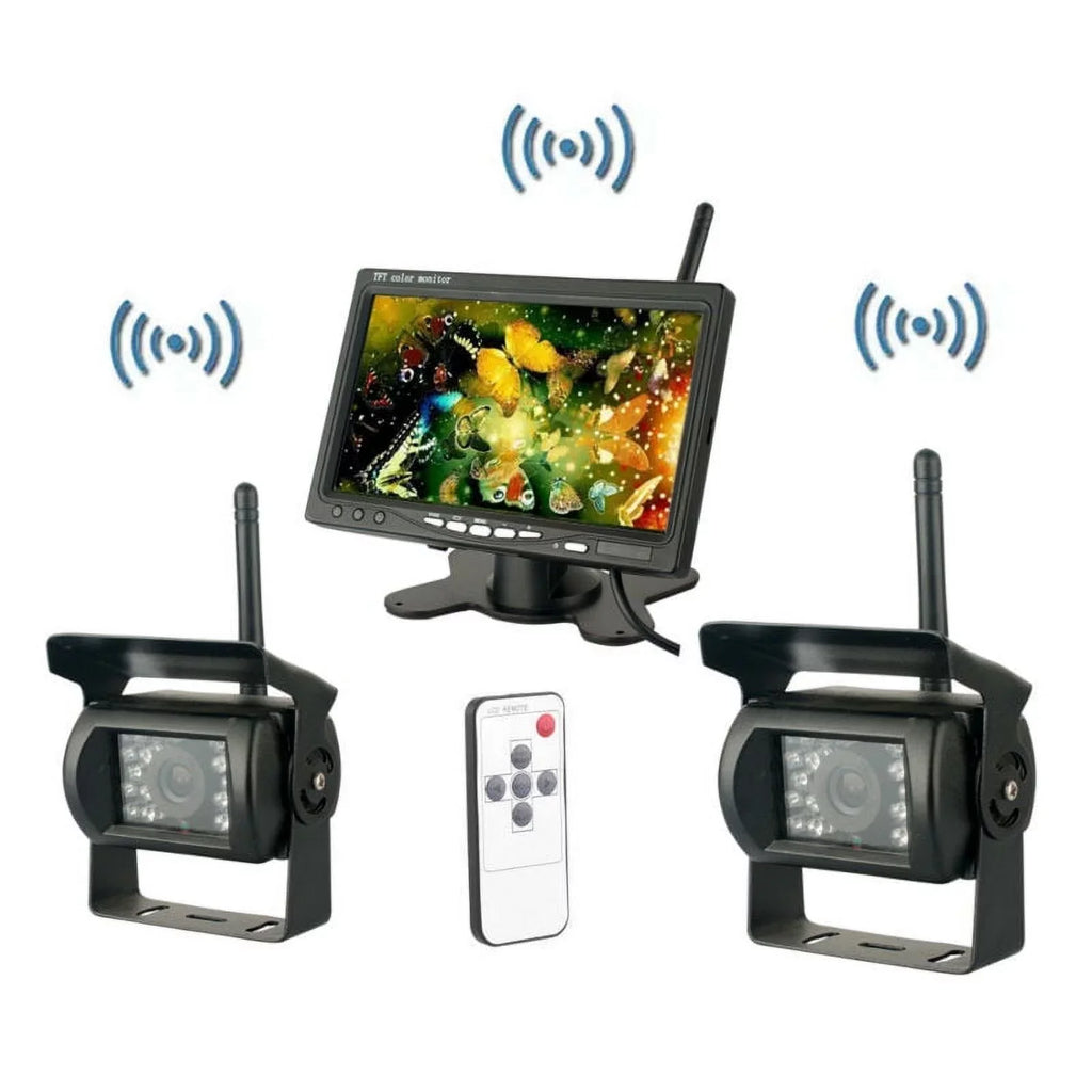 7" with Monitor Wireless Dual Backup Cameras Parking Assistance Night Vision Waterproof Rear View Camera for RV Truck Trailer Bus