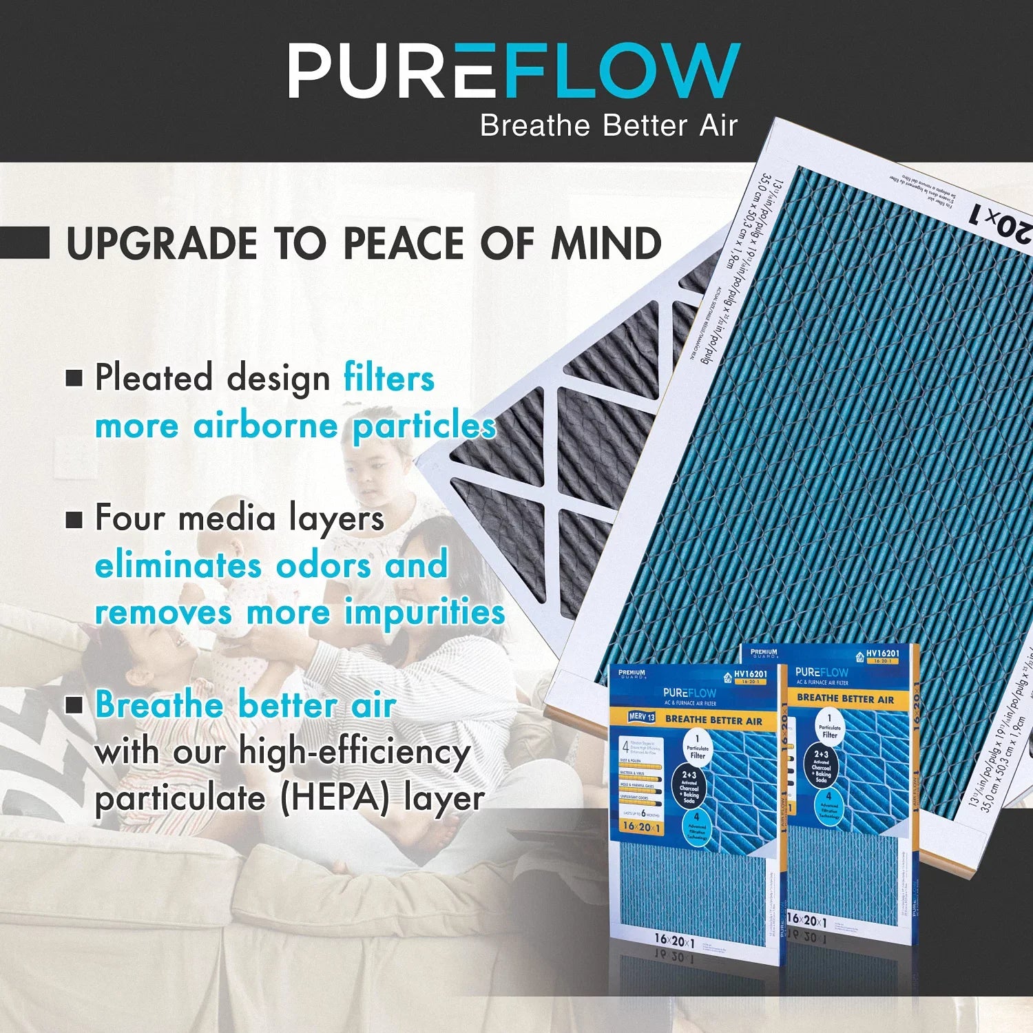 PureFlow HV20204, Home Furnace Air Filter 20x20x4, with 4 Layers of Advanced Filtration Technology, MERV-13 Pack-of-2