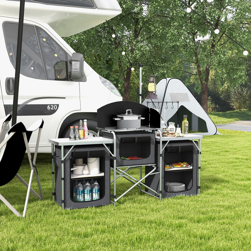 Outsunny Folding Camping Kitchen with Windshield Fabric Cupboards Black